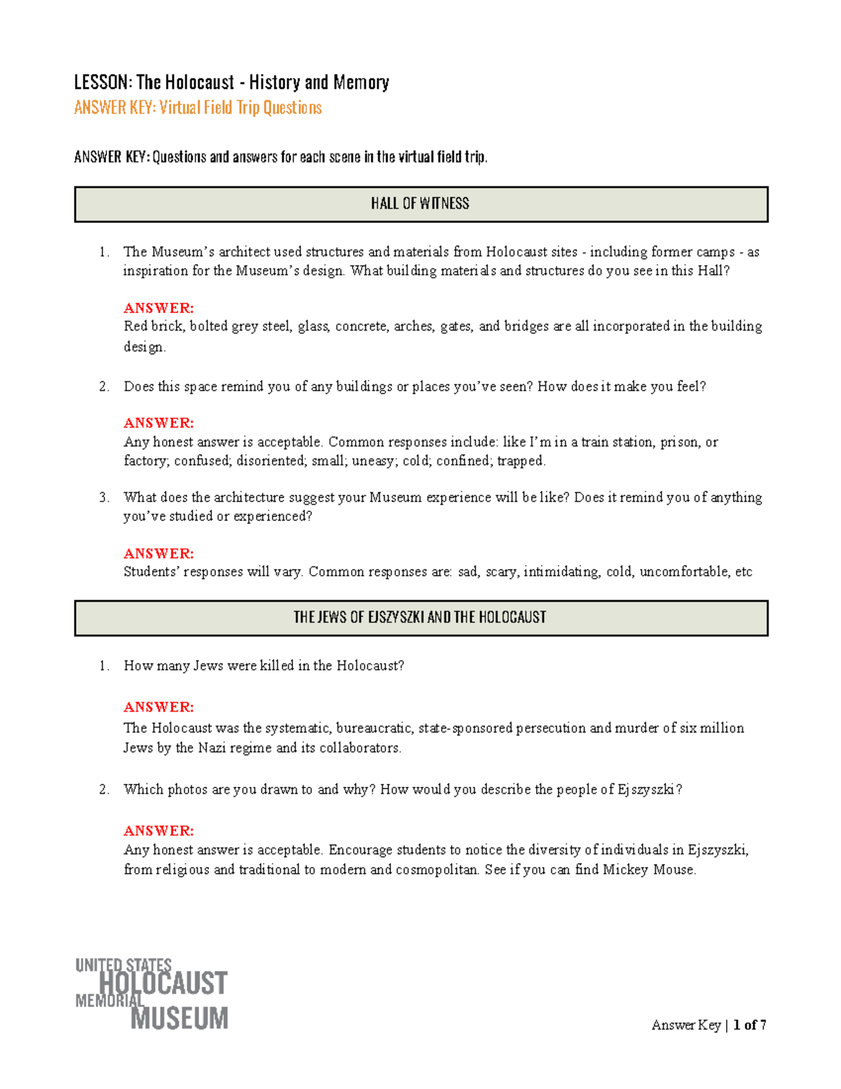 Ushmm Holocaust History Memory Worksheet Answers ANSWER KEY: Virtual