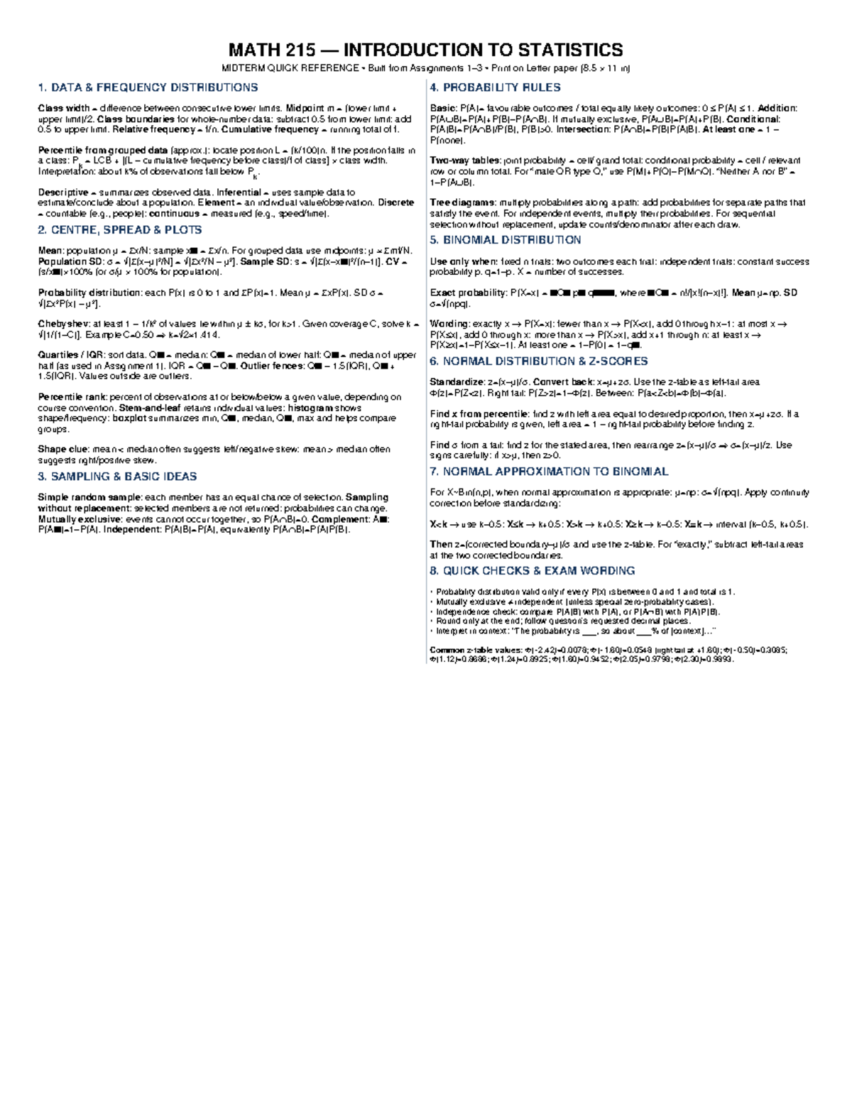 MATH 215 INTRODUCTION TO STATISTICS MIDTERM CHEAT SHEET - Studocu