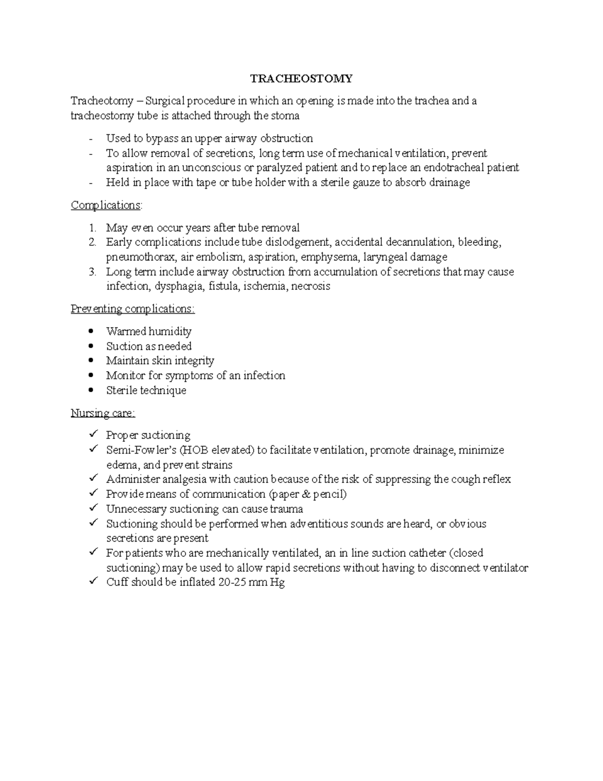 Tracheostomy Care and Complications - Nursing Notes for Exam - Studocu