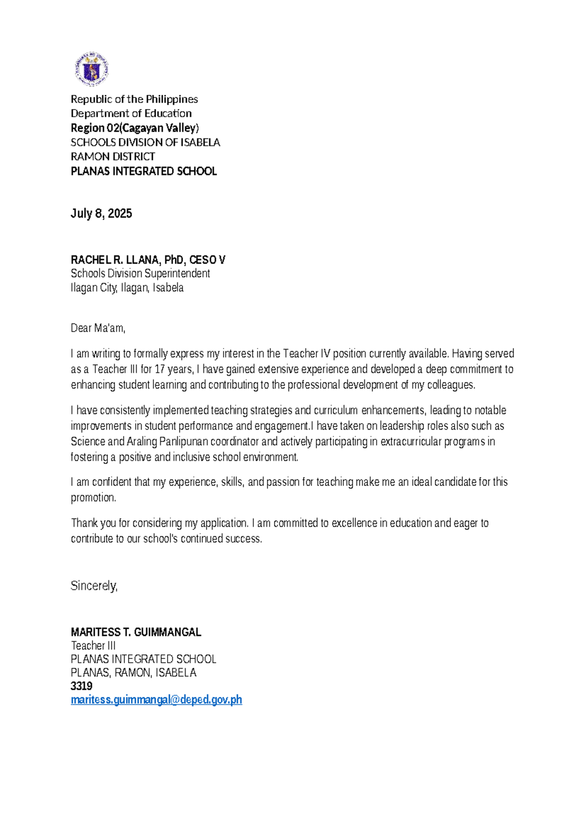 Letter of Intent for Teacher IV Position - Planas Integrated School ...