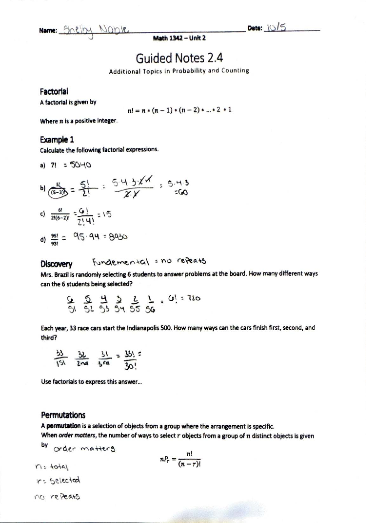Math 1342: Guided Notes on Probability & Counting (Unit 2.4) - Studocu