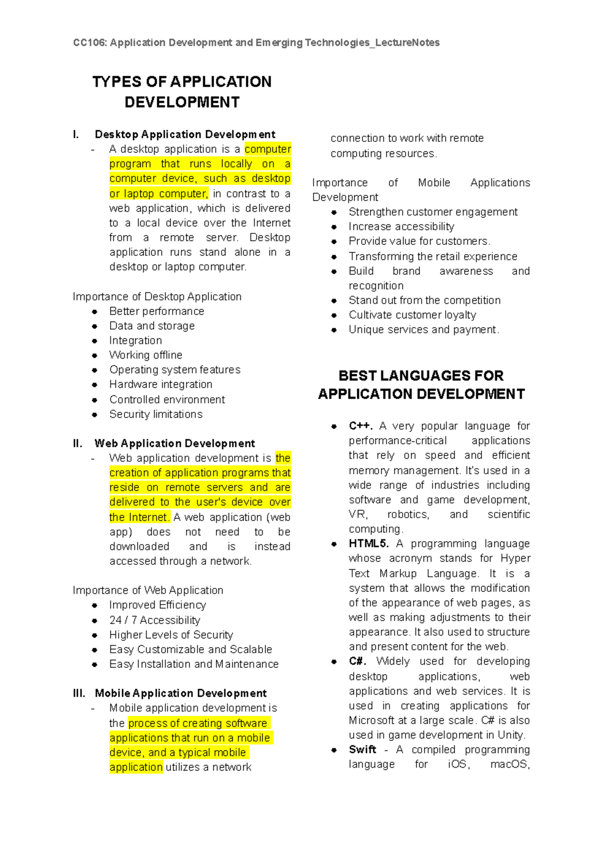 CC106: Types of Application Development Lecture Notes - Studocu