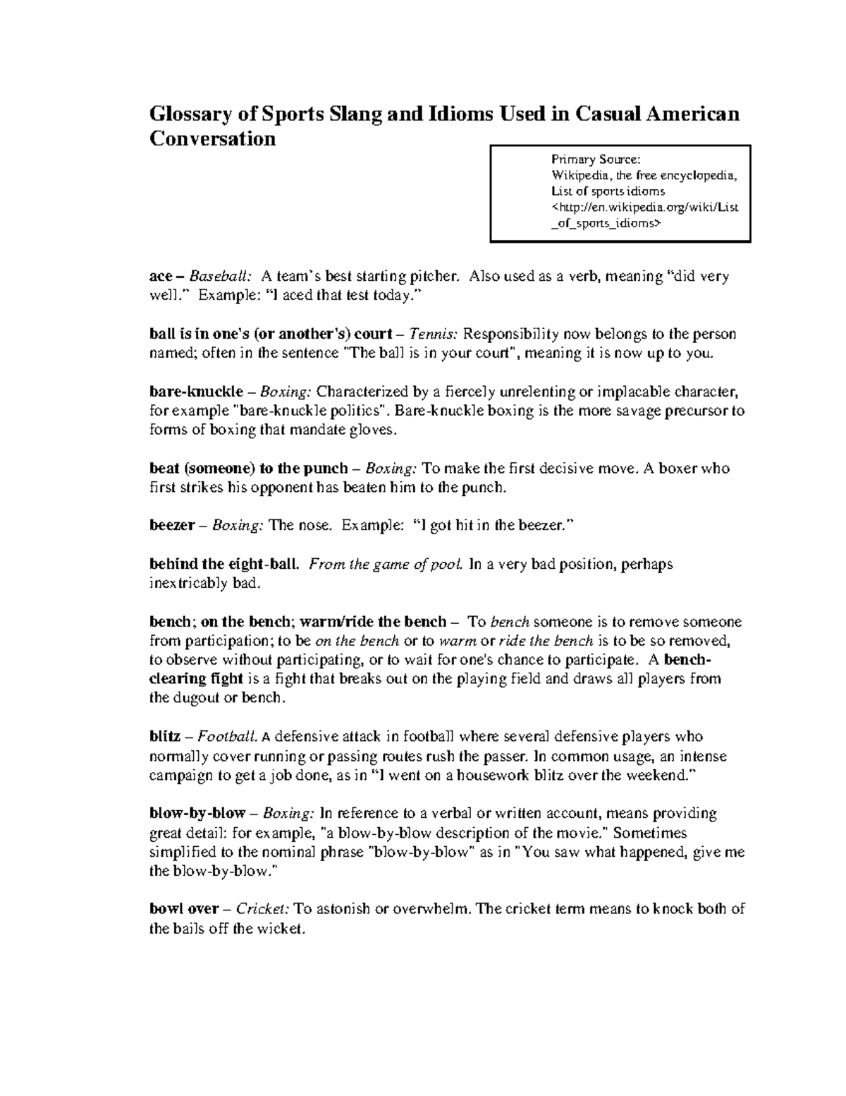 Glossary of Sports Slang and Idioms: A Comprehensive Guide - Studocu