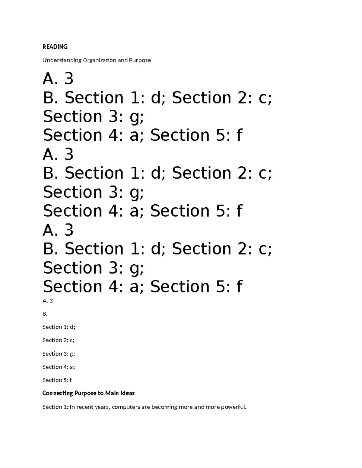 Reading - 123 - READING Understanding Organization and Purpose A. 3 B ...