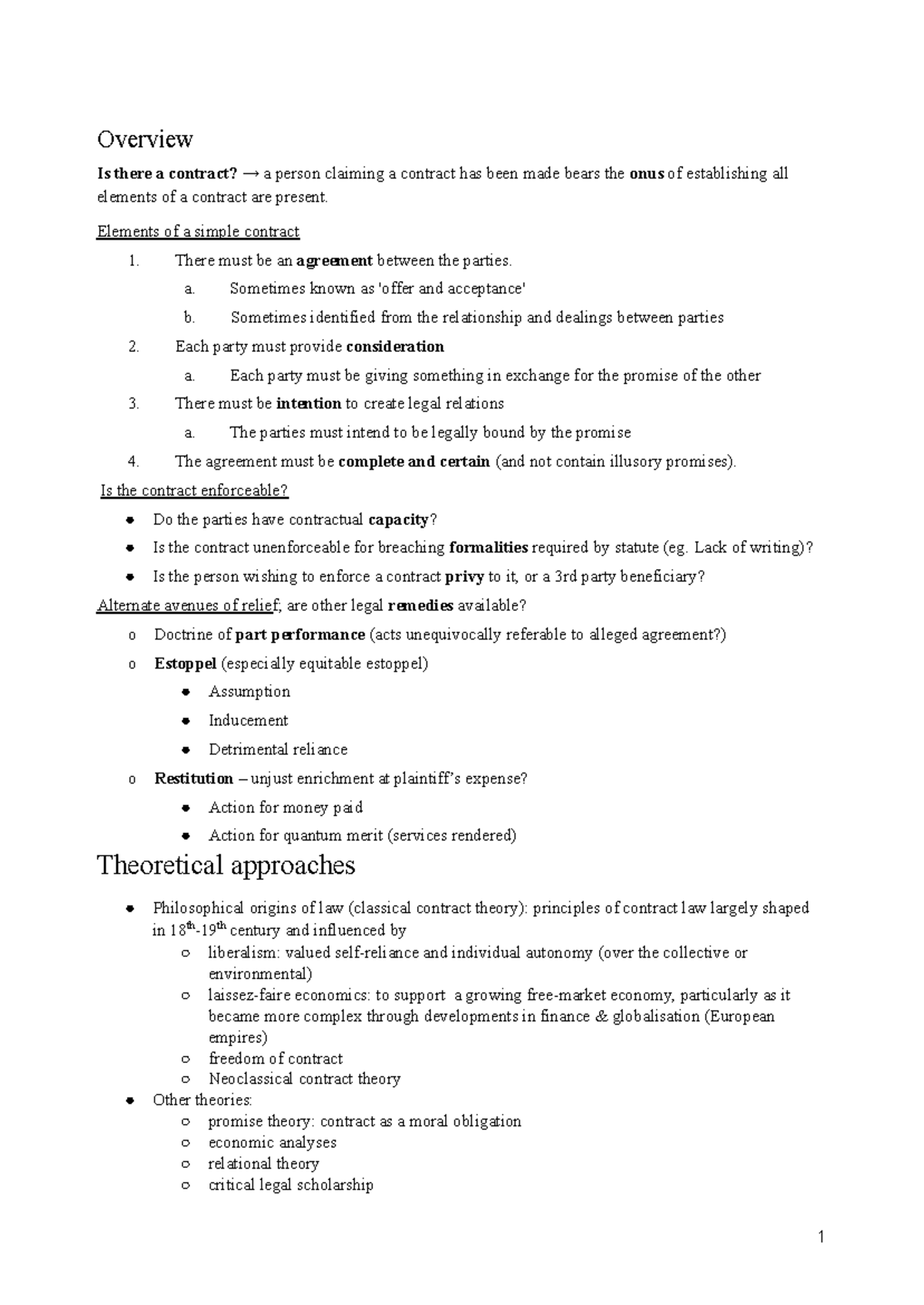 Contract Law (LAW101) - Comprehensive Exam Notes on Contract Elements ...