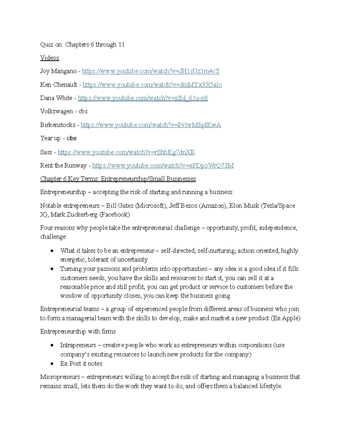 Bus 101: Lecture Exam 2 Study Guide on Entrepreneurship & Management ...