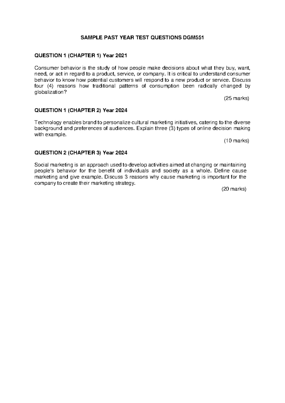 Sample Past Year Test Questions DGM551: Consumer Behavior Insights ...