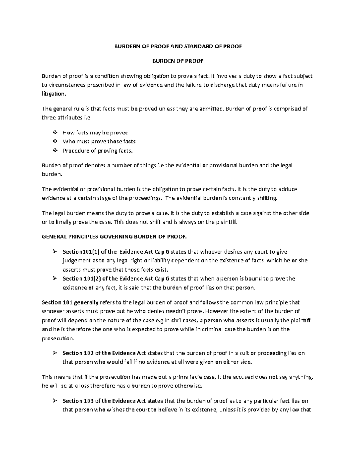 Evidence 2 assignment - BURDERN OF PROOF AND STANDARD OF PROOF BURDEN ...