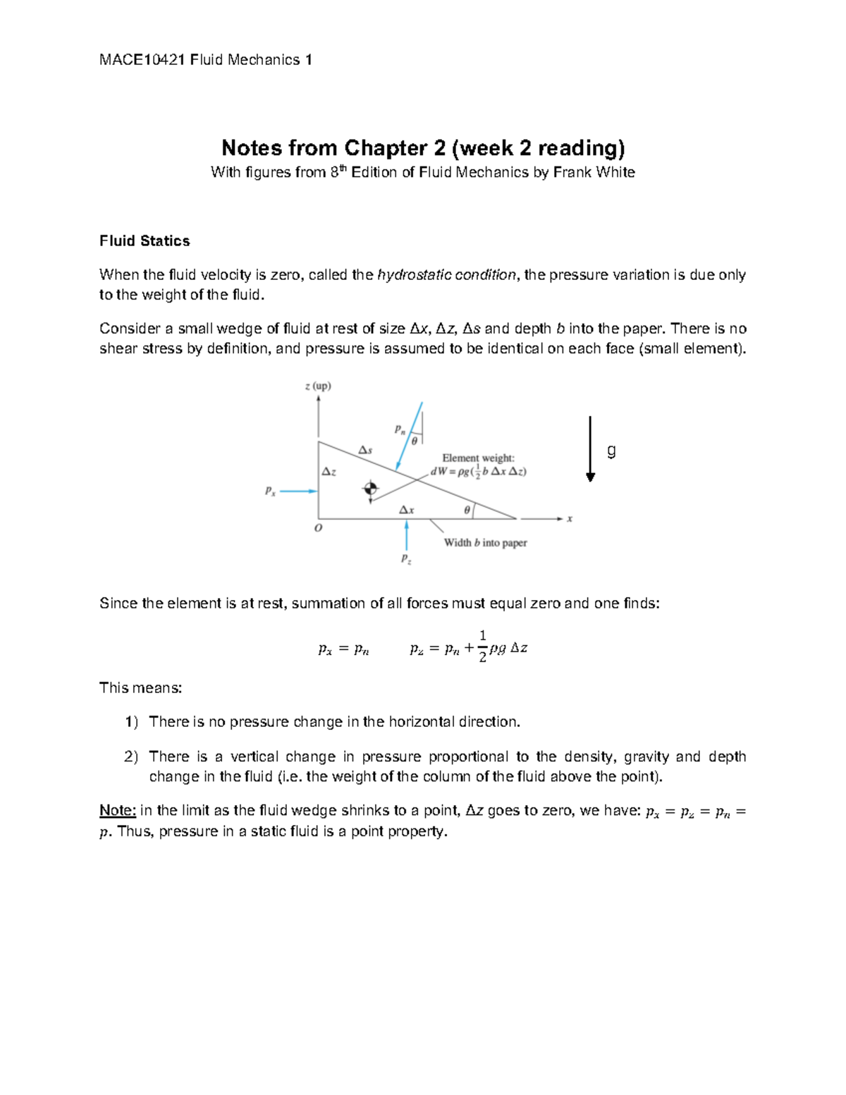 MACE10421 Fluid Mechanics 1 Week 2 Summary & Key Concepts Notes - Studocu