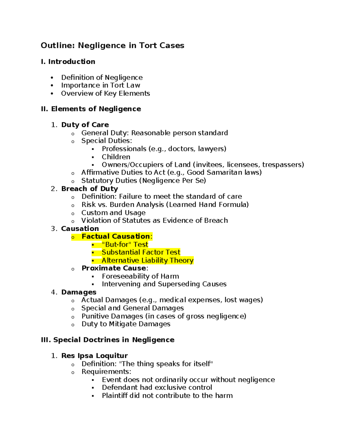 Outline: Tort Negligence Concepts and Key Elements - Studocu