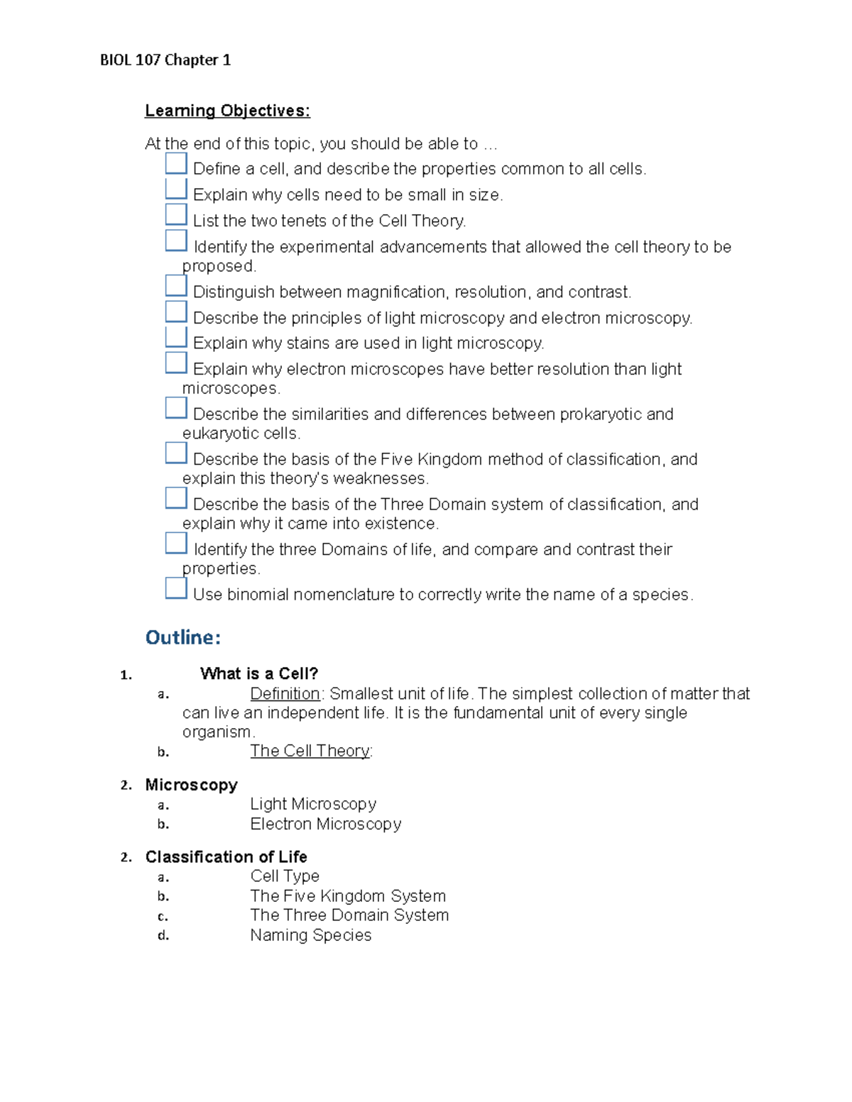BIOL 107 Chapter 1 - Intro to Cellular Biology Lecture Notes - Studocu