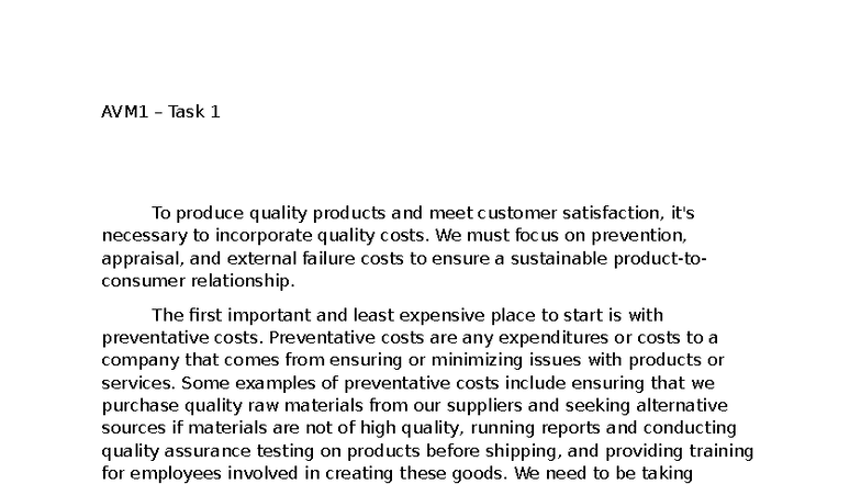 AVM1 Task 1 - Quality Costs: Prevention, Appraisal, and Failures - Studocu