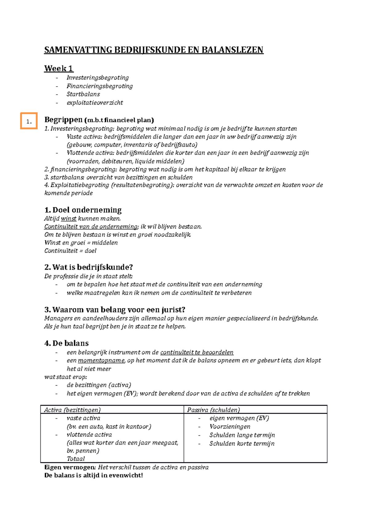 Samenvatting Bedrijfskunde & Balanslezen - Week 1 t/m 4 - Studeersnel