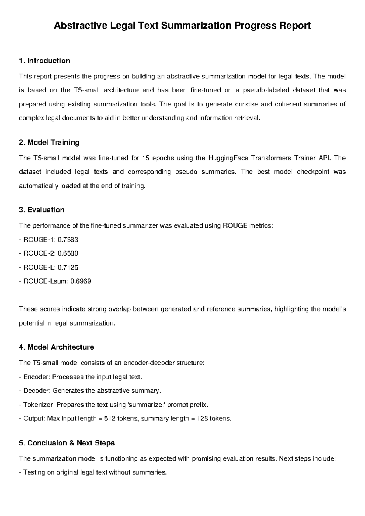 Legal Summarization Progress Report: Model Development & Evaluation ...