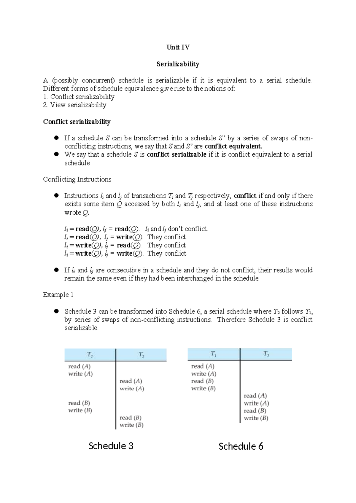 Unit IV: Serializability Notes on Conflict & View Equivalence - Studocu