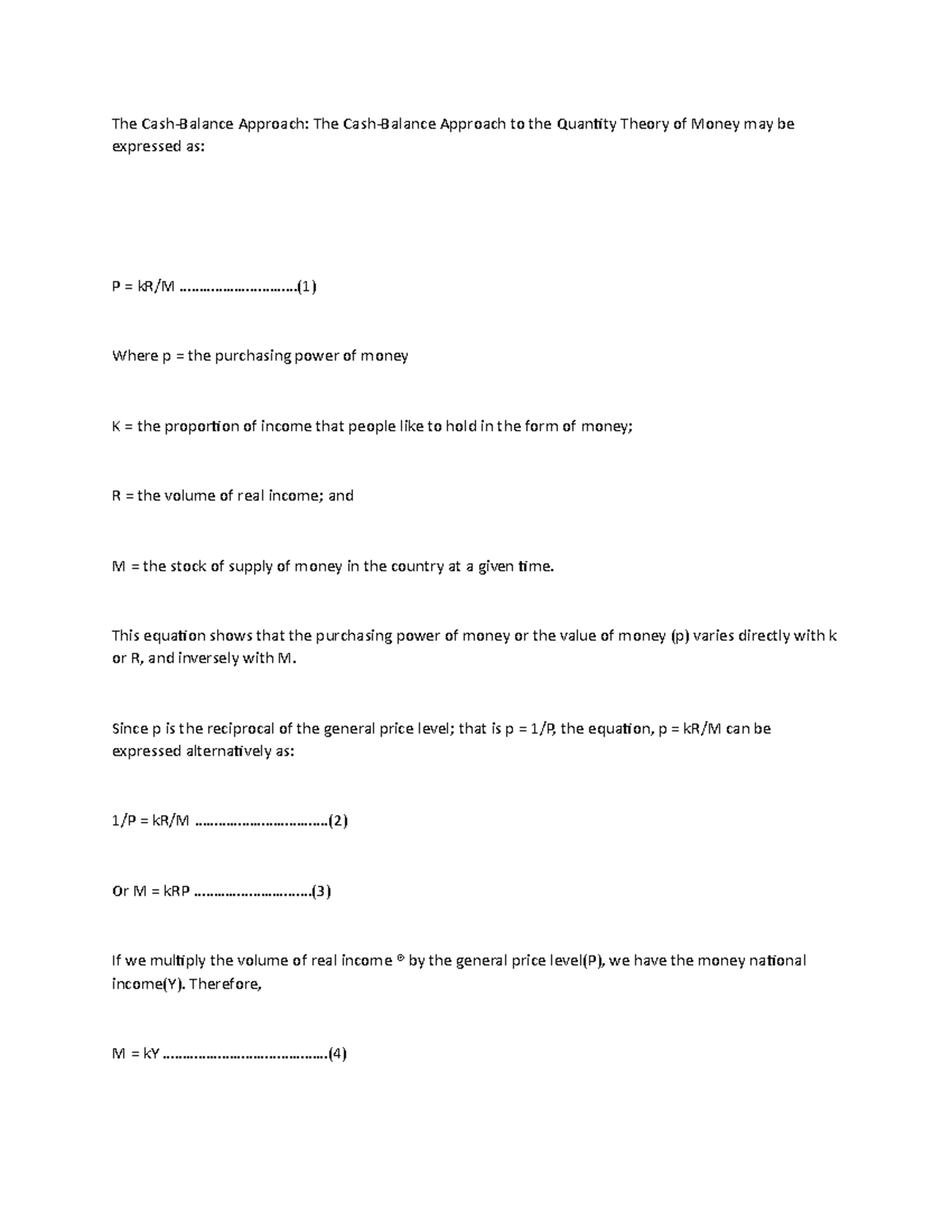 Cash Balance Approach to Quantity Theory of Money - Analysis - Studocu