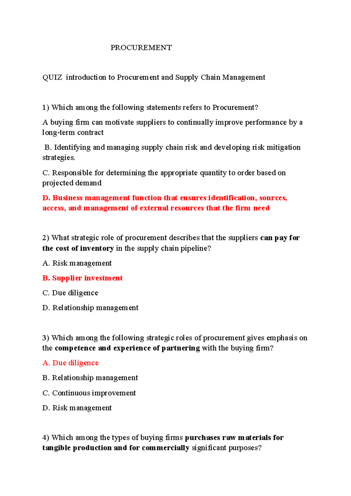 Quiz on Procurement and Supply Chain Management (PROC 101) - Studocu