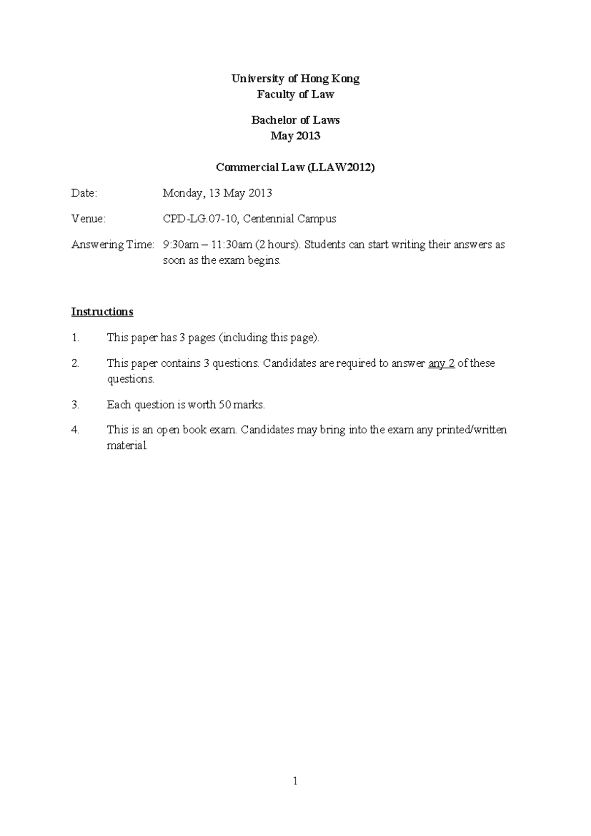2013 Past Paper - University of Hong Kong Faculty of Law Bachelor of ...