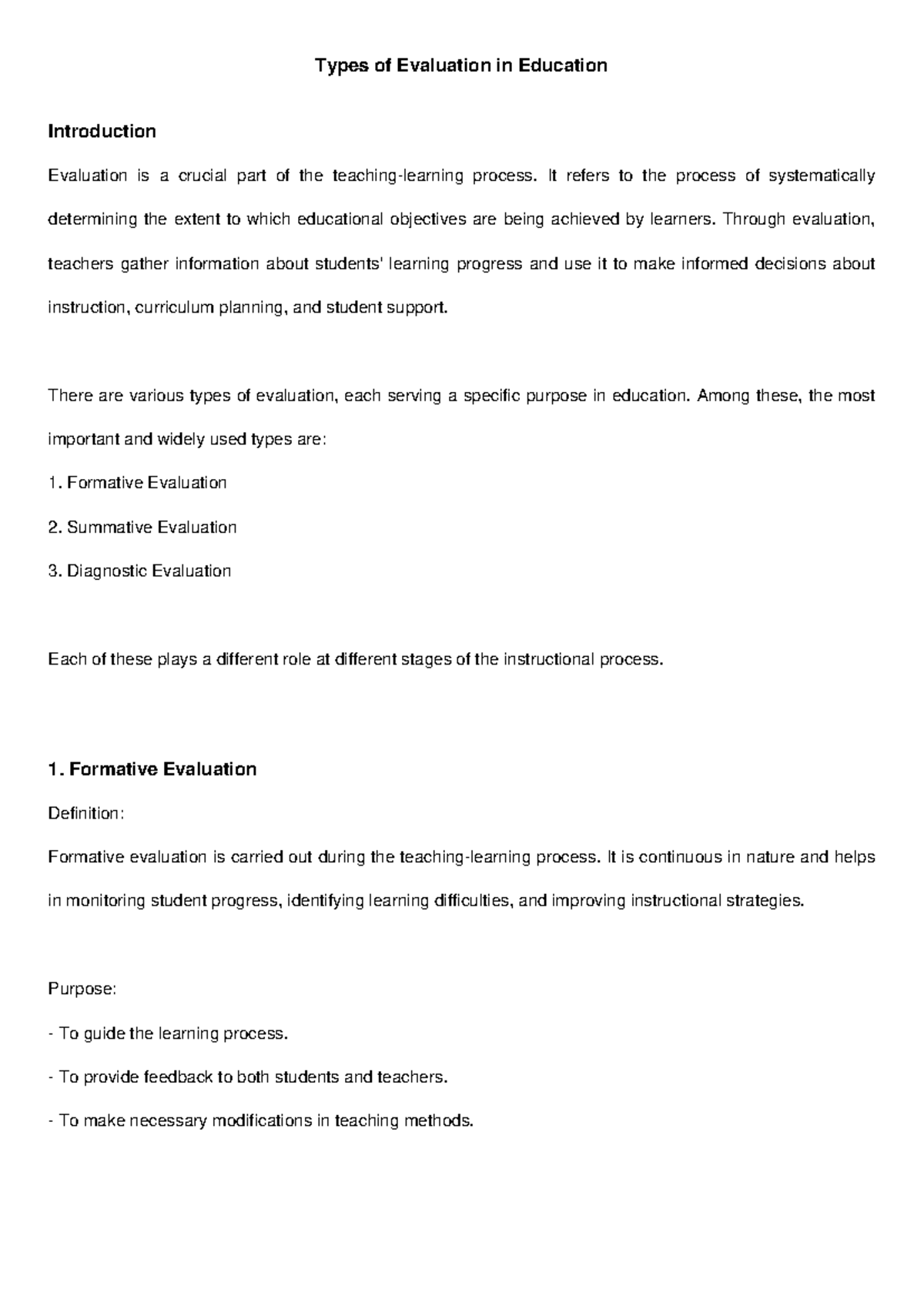 Types of Evaluation in Education - Introduction Evaluation is a crucial ...