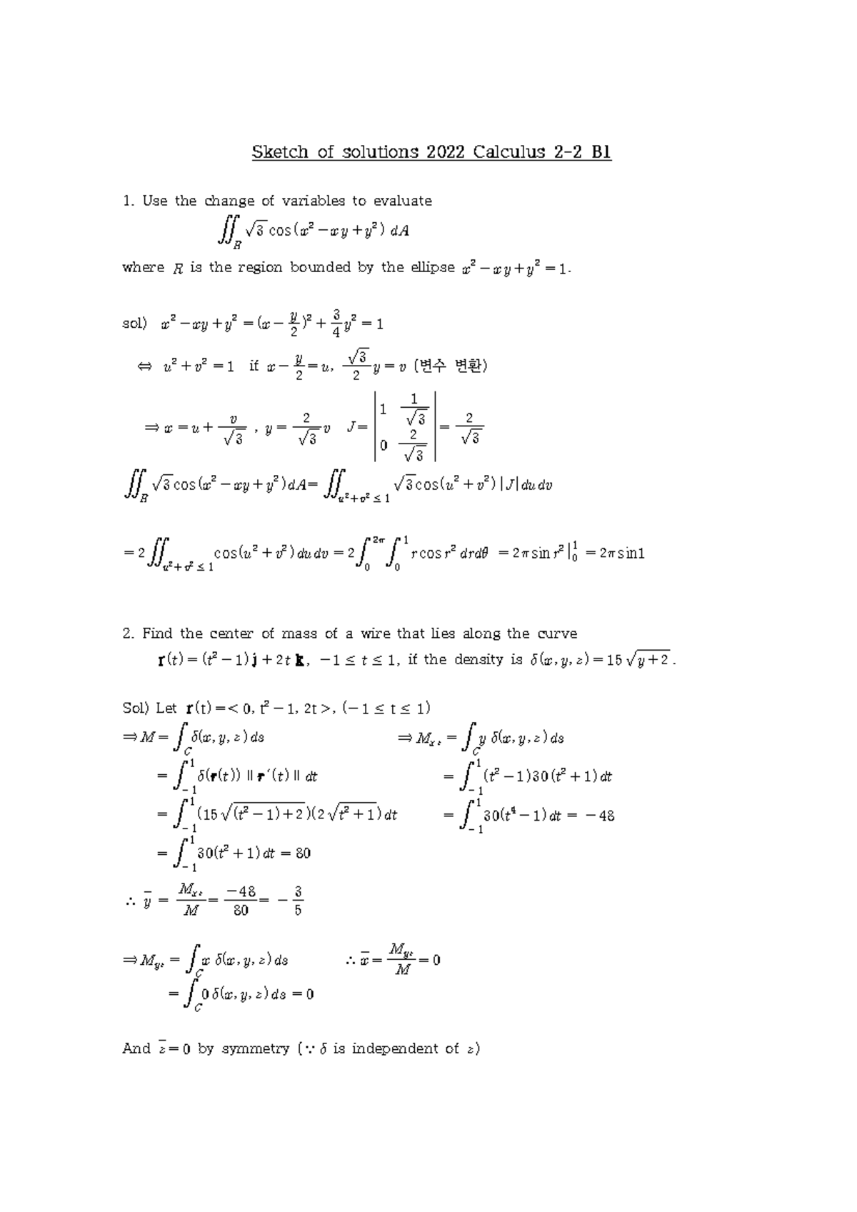 2022 Calculus B1 Final Exam Solutions and Evaluations - Studocu