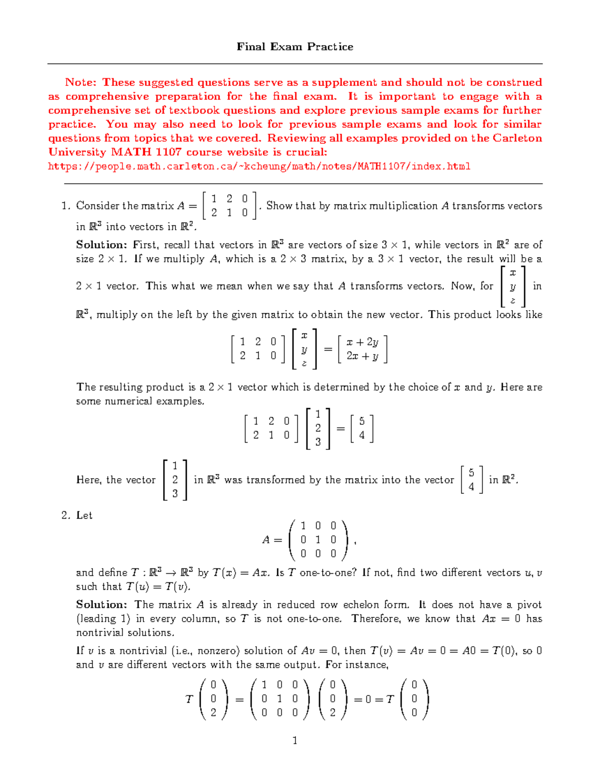 MATH 1107 Final Exam Practice Questions and Solutions - Studocu