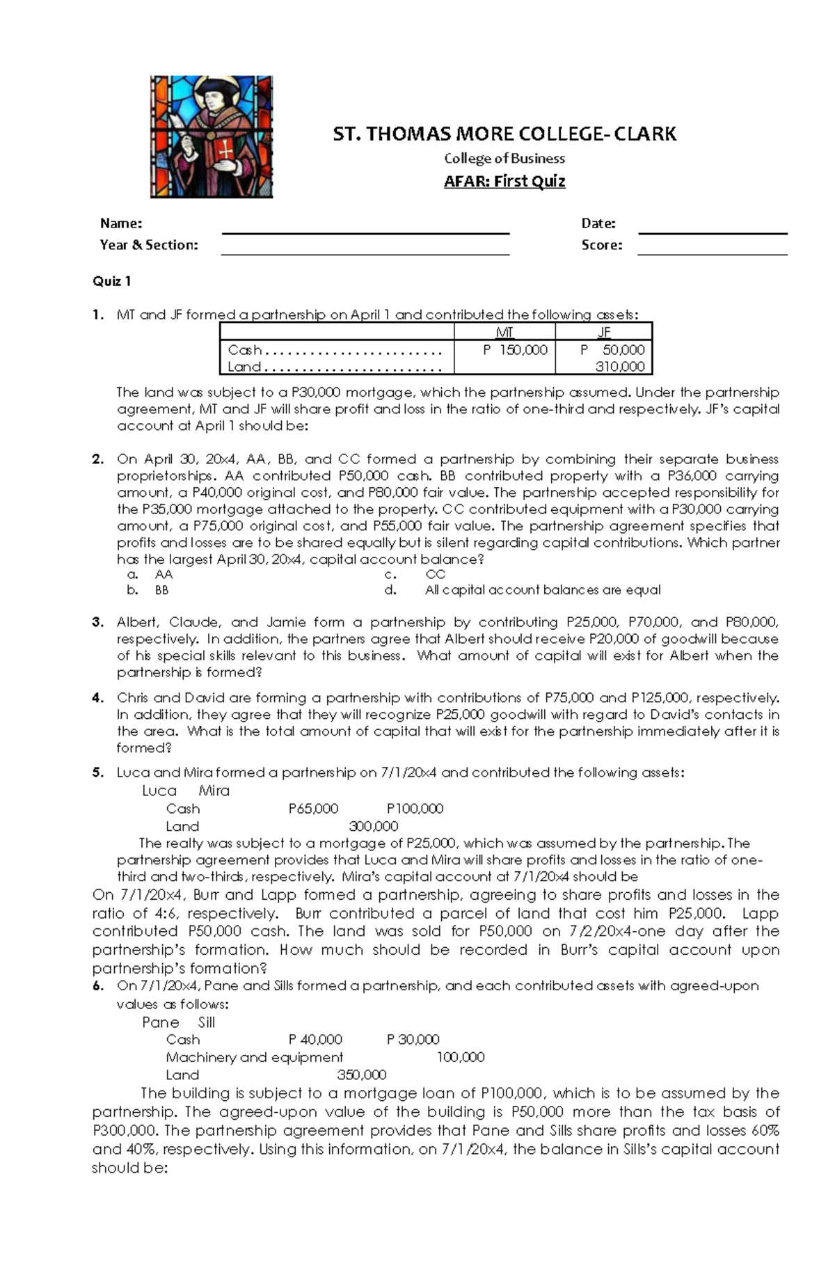 AFAR: Quiz 1 - Partnership Formation & Operations Notes - Studocu