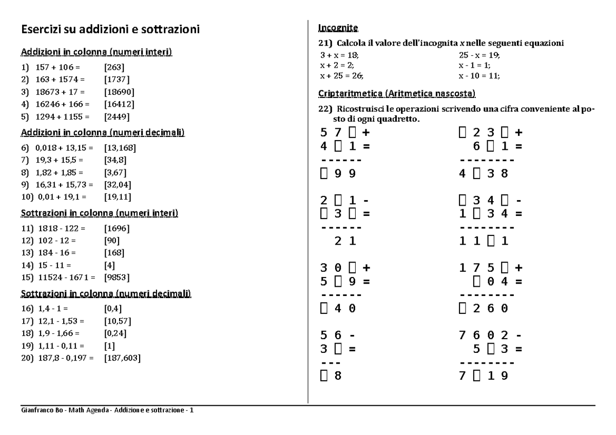 Esercizi di Addizione e Sottrazione - Introduzione alla Matematica ...