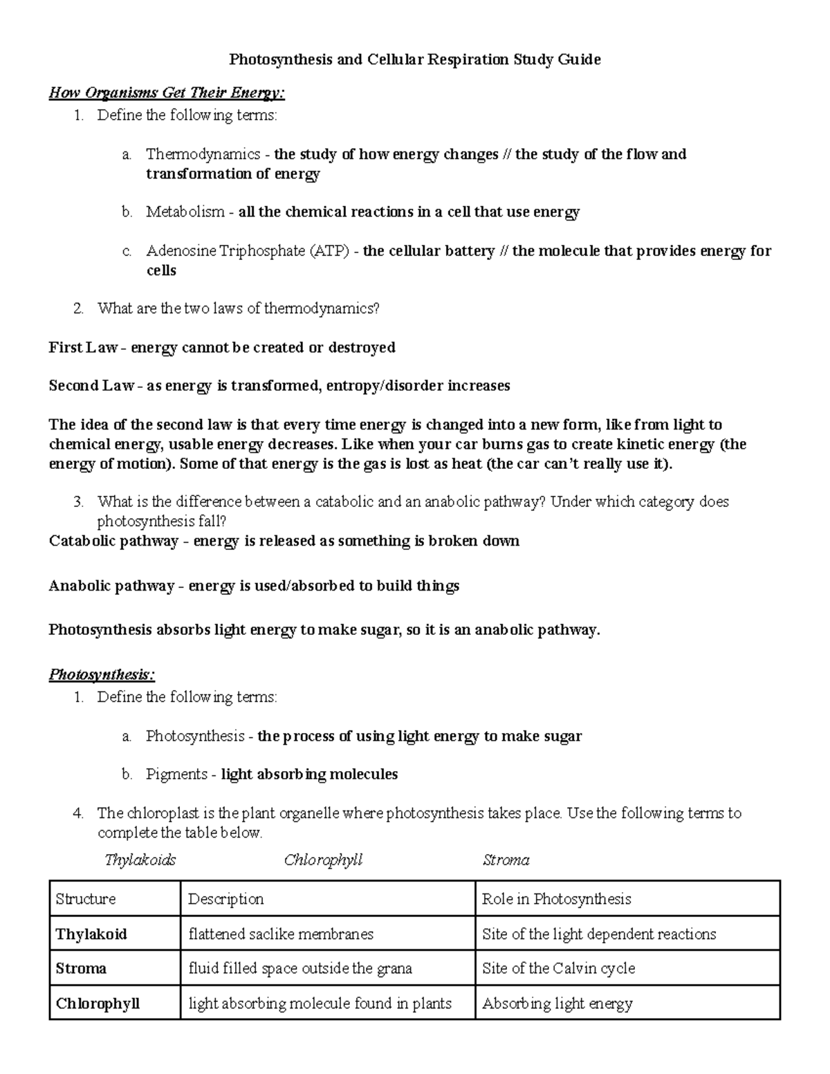 Photosynthesis & Cellular Respiration Study Guide (Bio 101) - Studocu