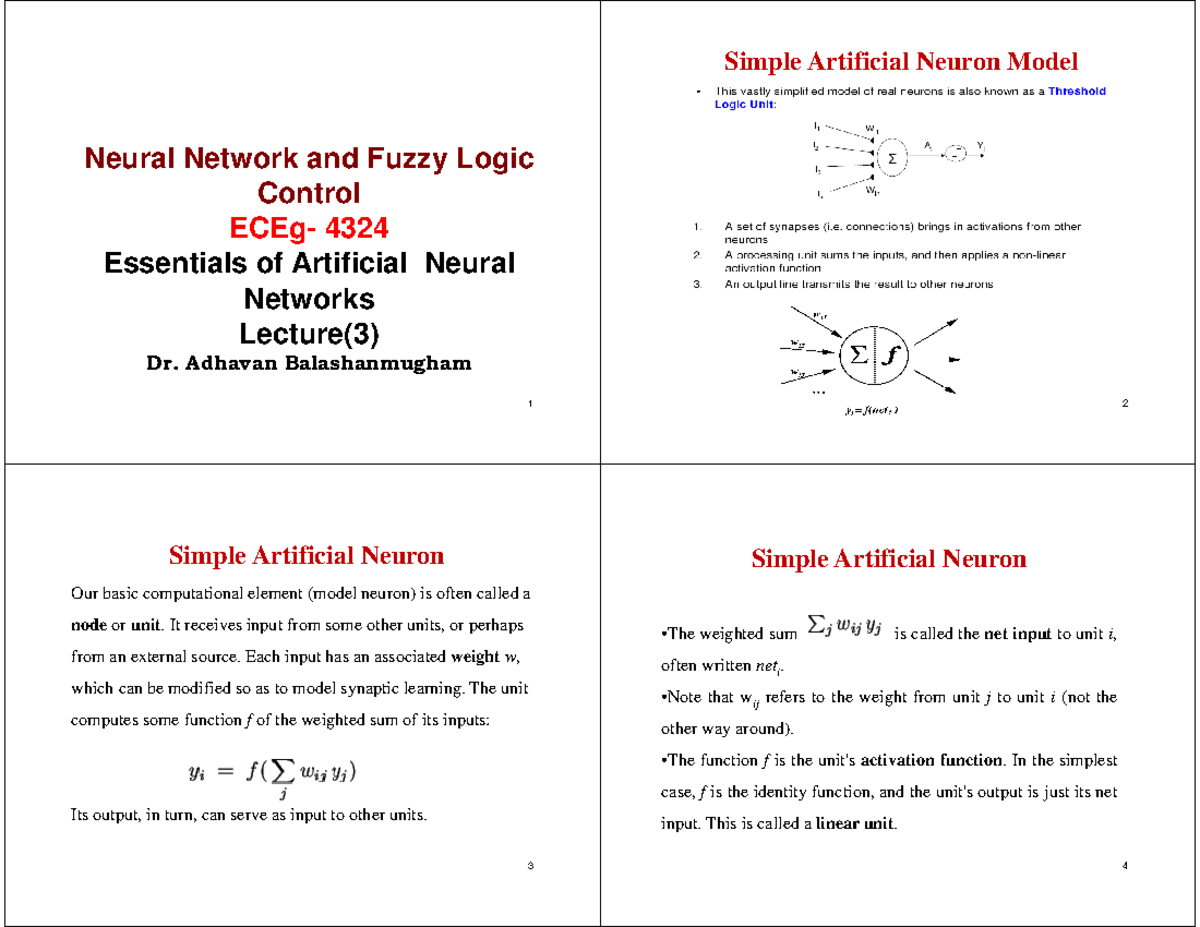 Neural Networks & Fuzzy Logic ECEg-4324 Lecture 3 Notes - Studocu