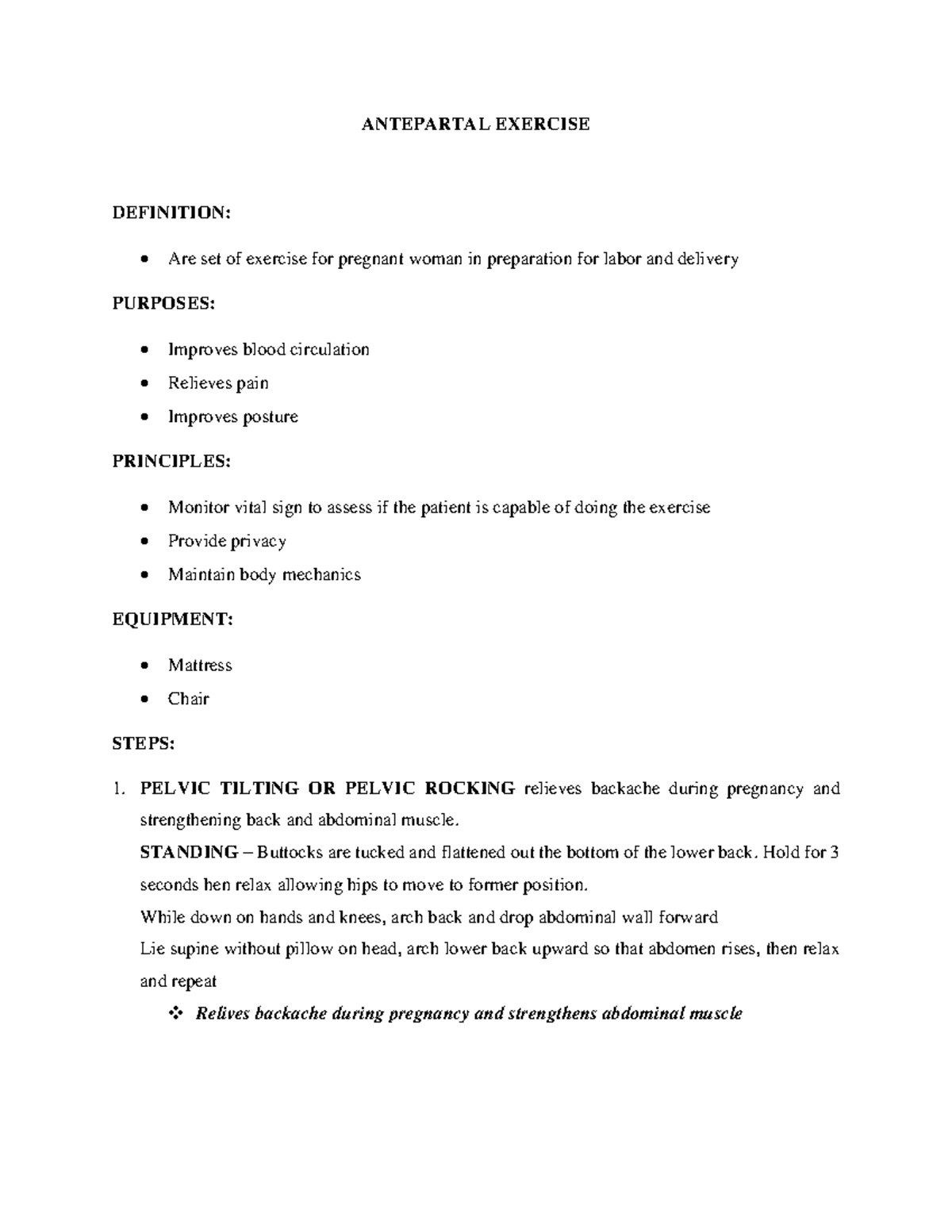 Antepartal Exercise - Preparation for Labor (NOTES) - Studocu