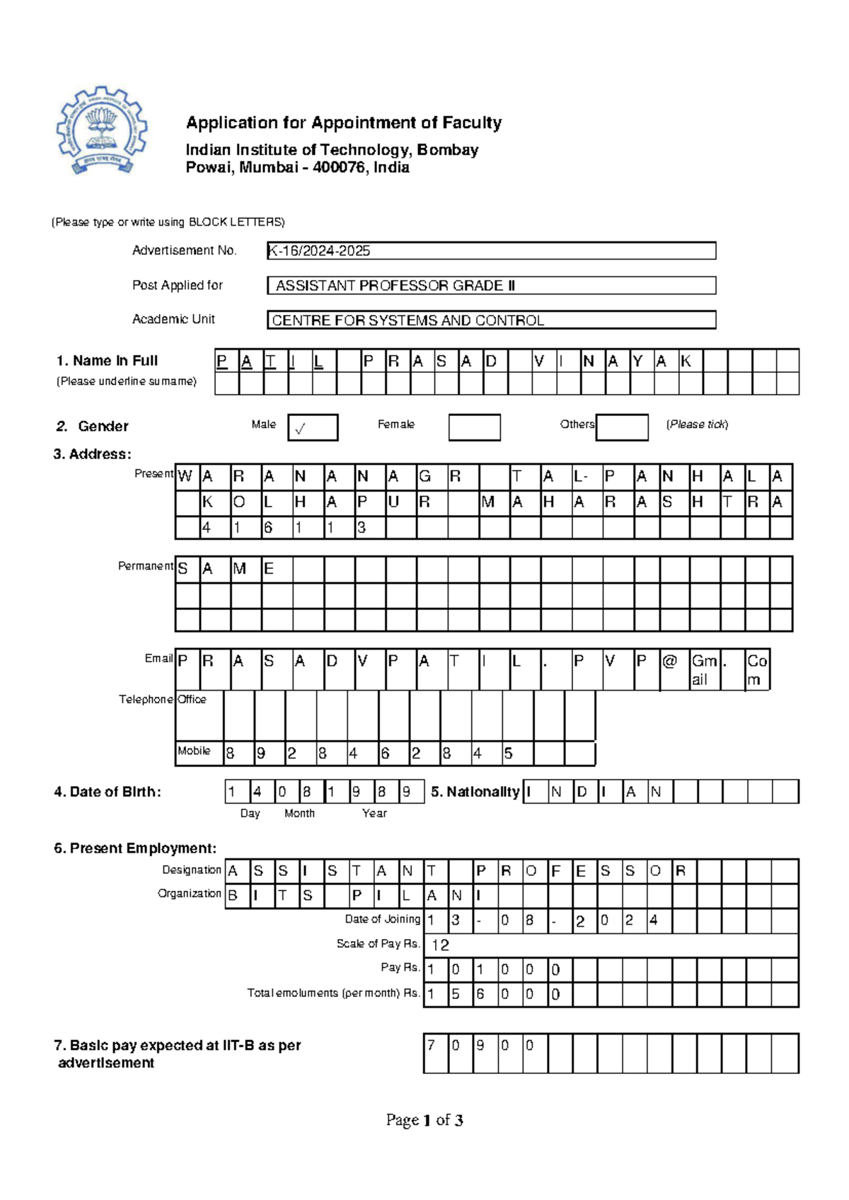 Application for Assistant Professor Grade II at IIT Bombay - Faculty ...