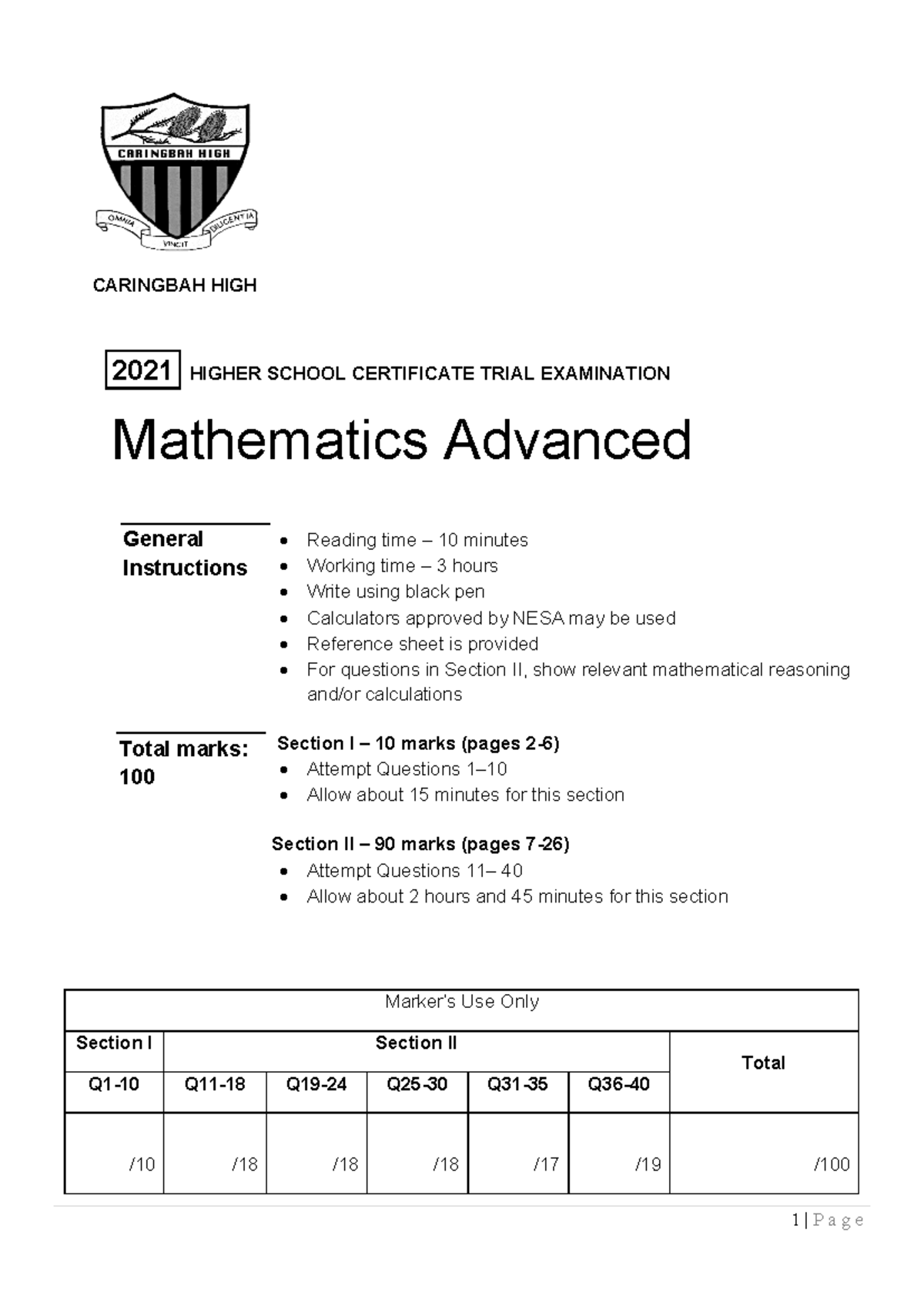 2021 HSC Trial Exam - Year 12 Mathematics Advanced - Studocu