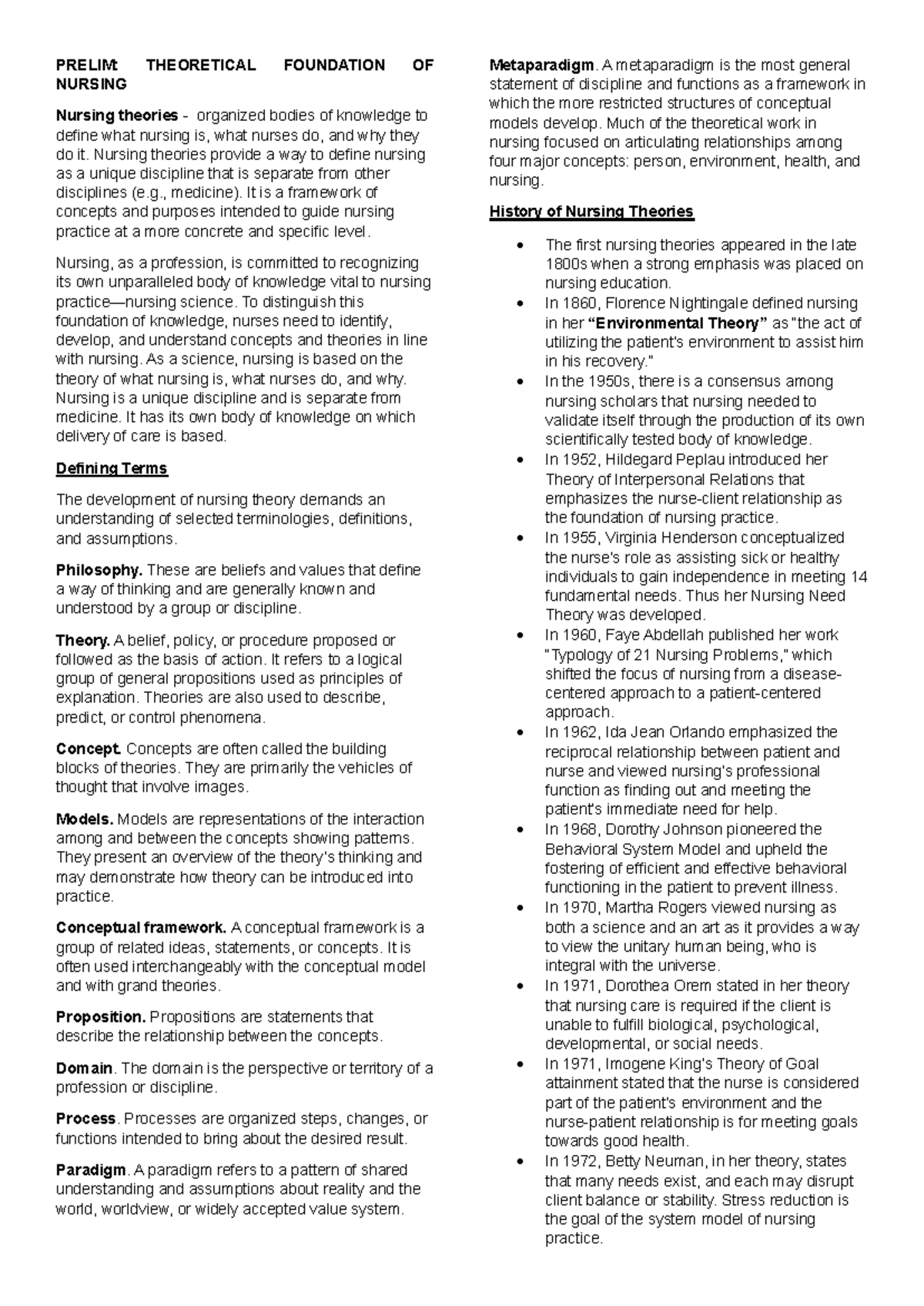 PRELIM: TFN Nursing Theoretical Foundations Review Notes - Studocu