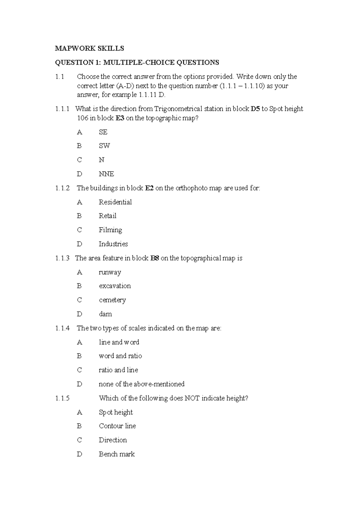 Grade 10 Mapwork Task 1: Multiple-Choice & GIS Questions ...