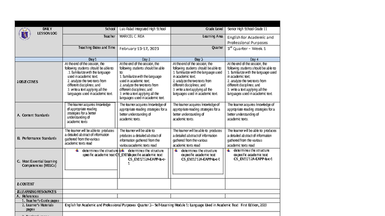 DLL Q3 EAPP Week 1: Daily Lesson Log for Grade 11 - Studocu