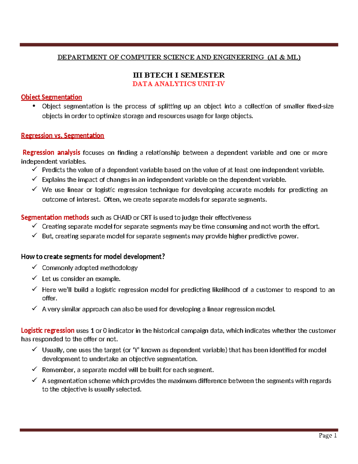 AI ML BTech I Sem Data Analytics: Object Segmentation & Learning ...