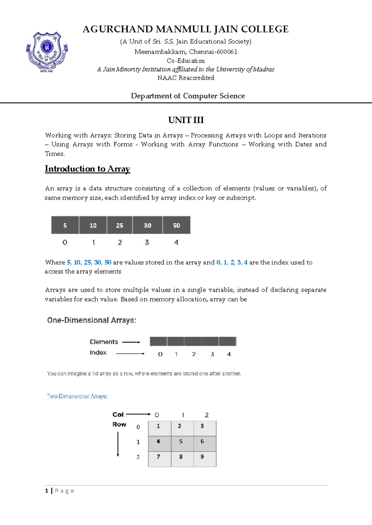 Unit III: Working with Arrays in Web Tech (CS Course) - Studocu