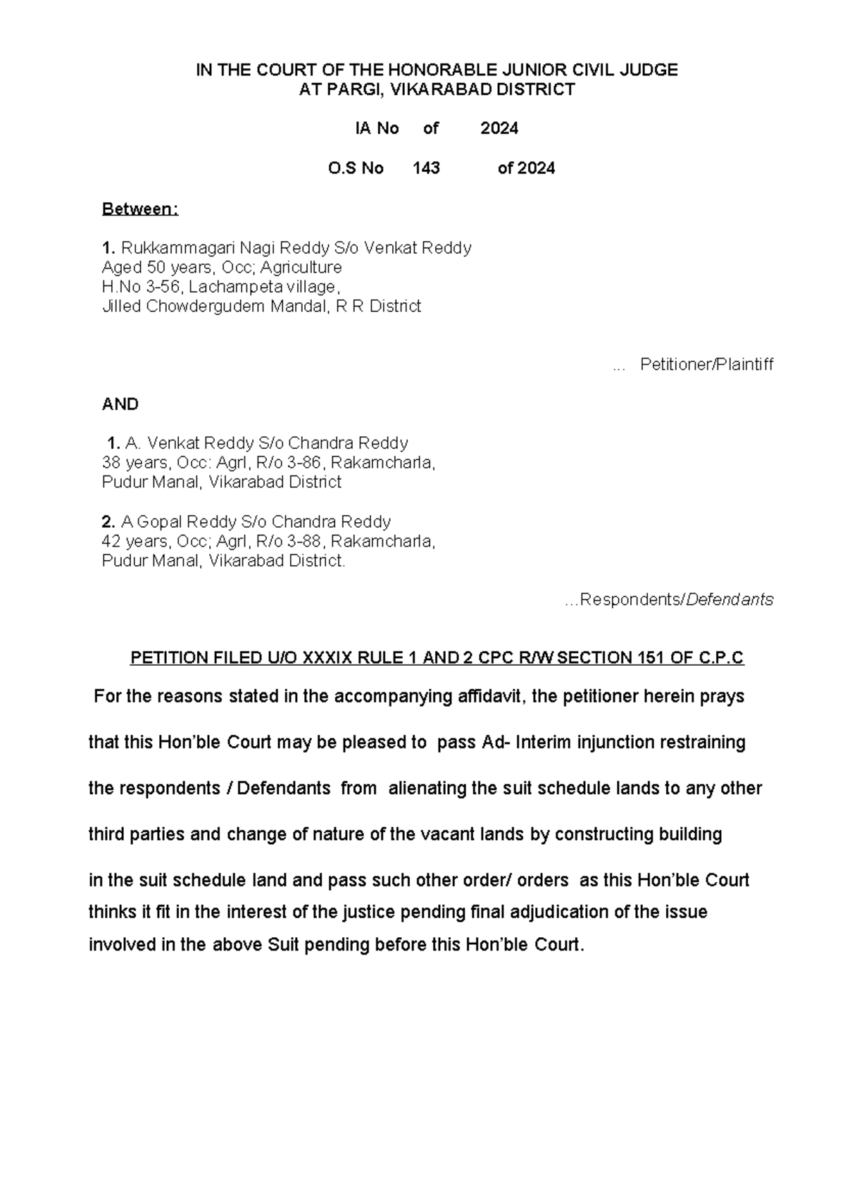 IA No O.S 143/2024: Petition for Temporary Injunction in Civil Court ...