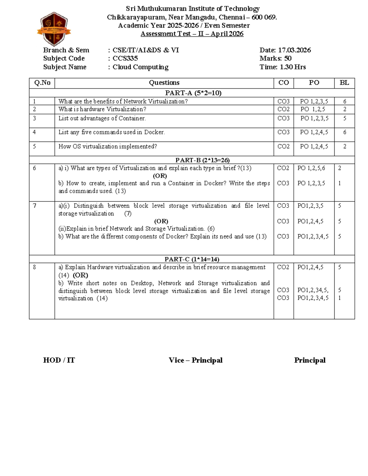 CCS335 Cloud Computing Assessment Test II QP April 2026 - Studocu