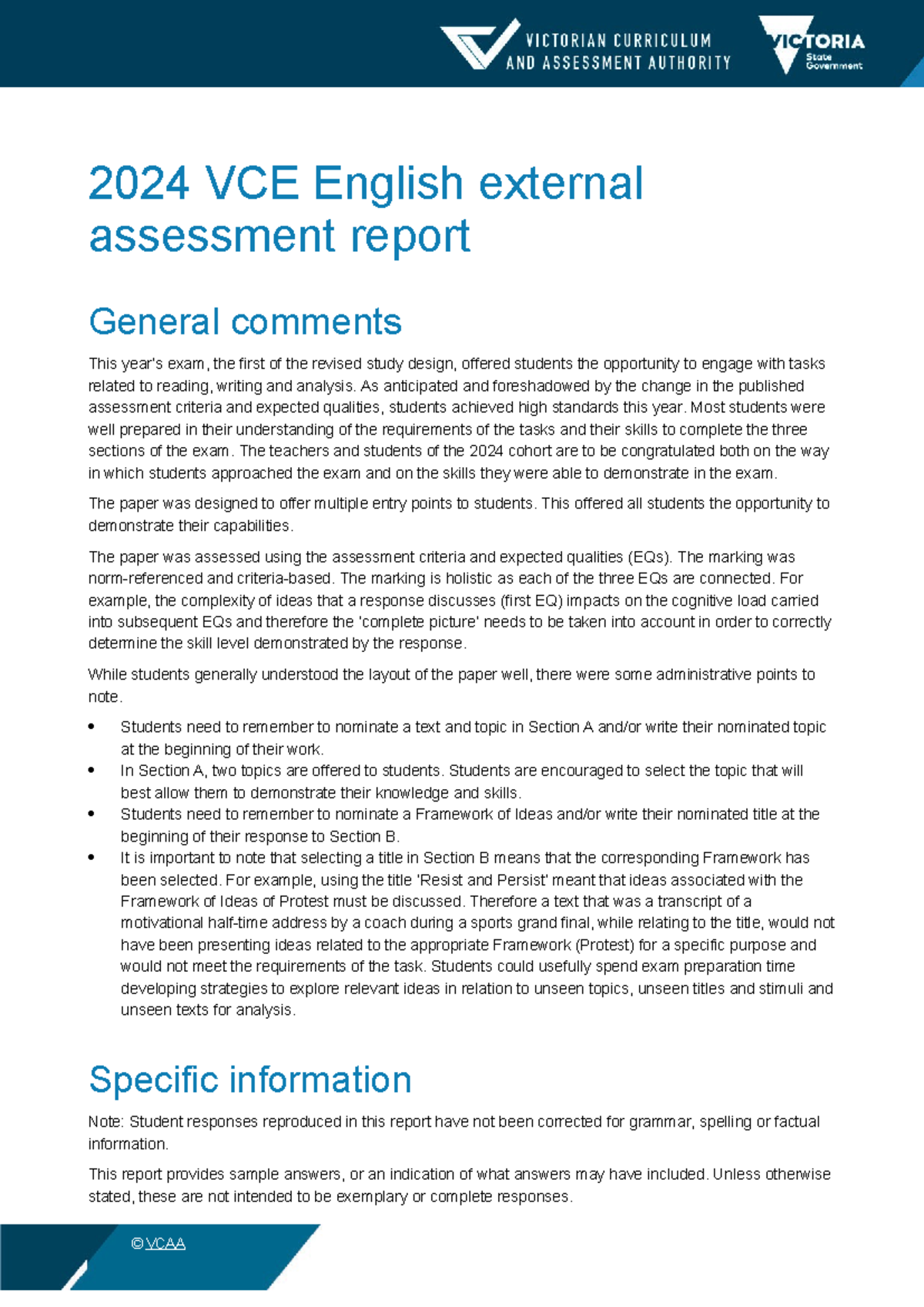 2024 VCE English External Assessment Report: General Comments and ...