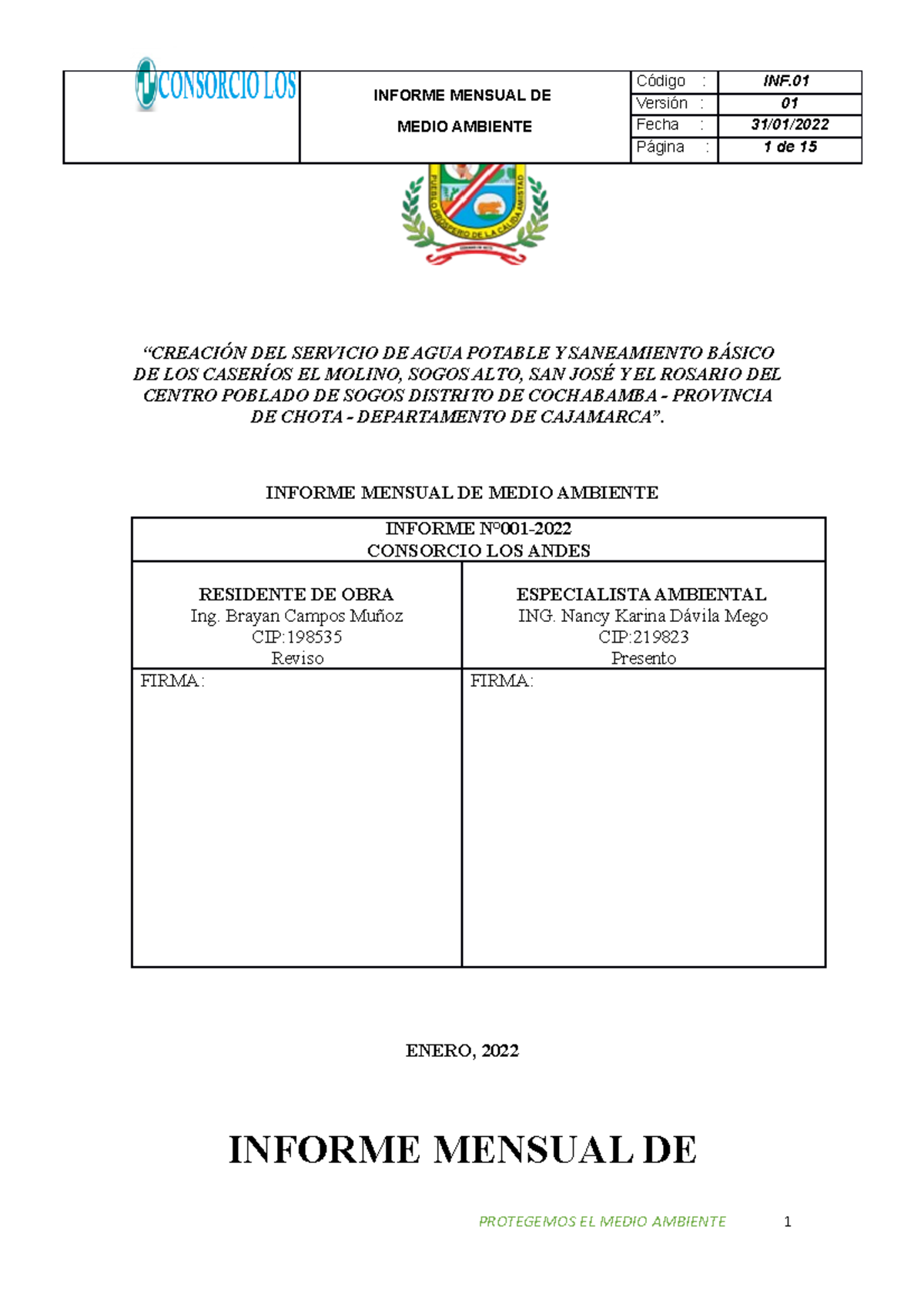 Informe Mensual de Medio Ambiente N° 001 - Proyecto Sogos 2022 - Document Preview