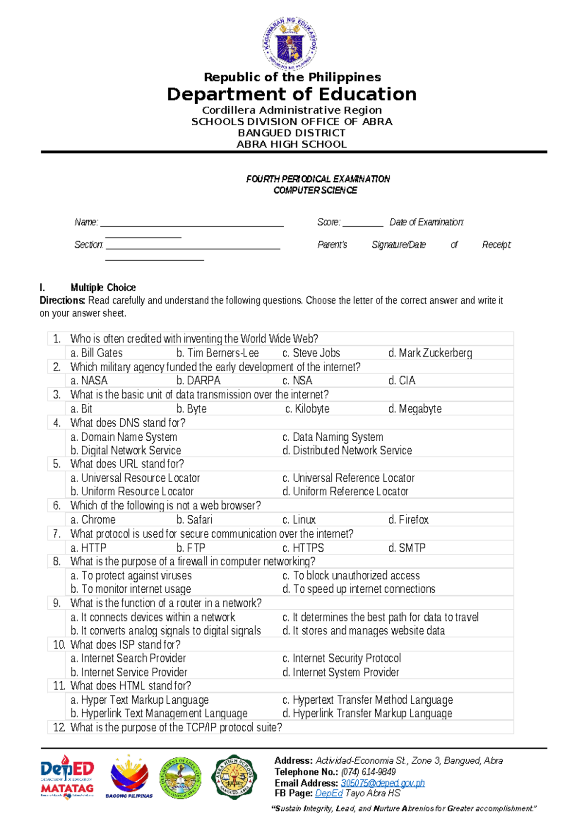 Q4-CS-Exam - Comprehensive Assessment for Computer Science - Studocu