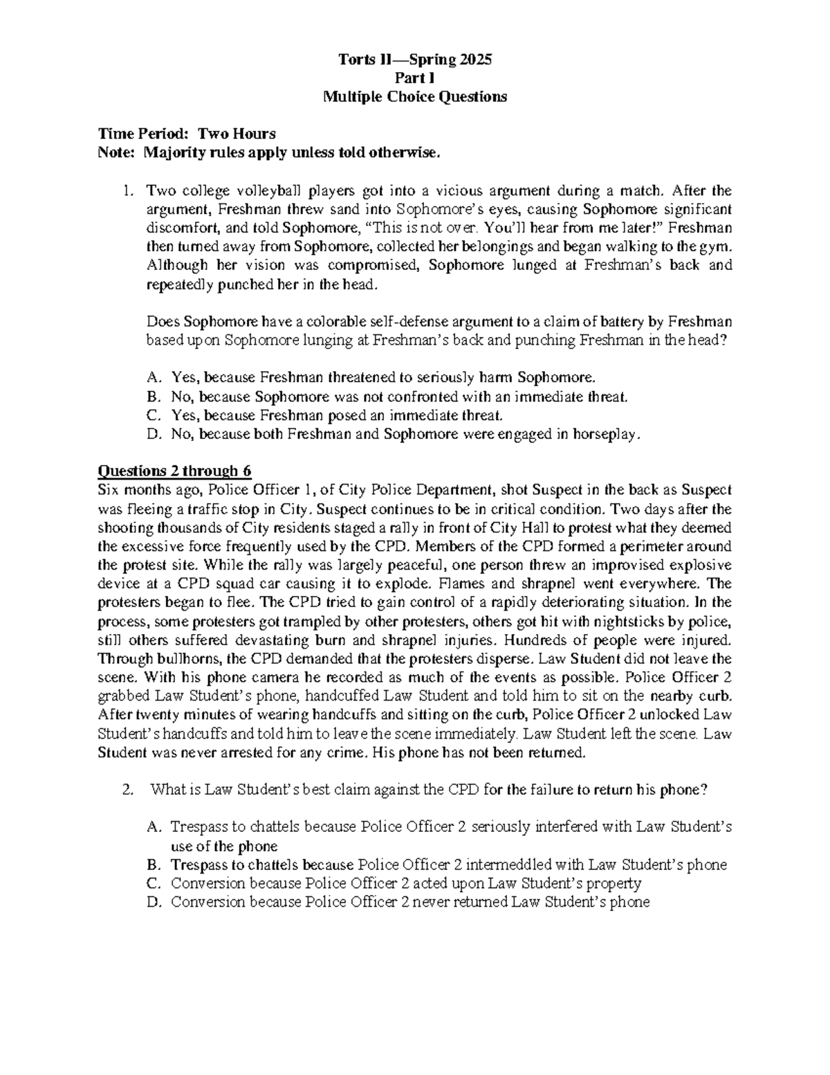 Mock Final Exam Torts 2025: Multiple Choice Questions - Studocu
