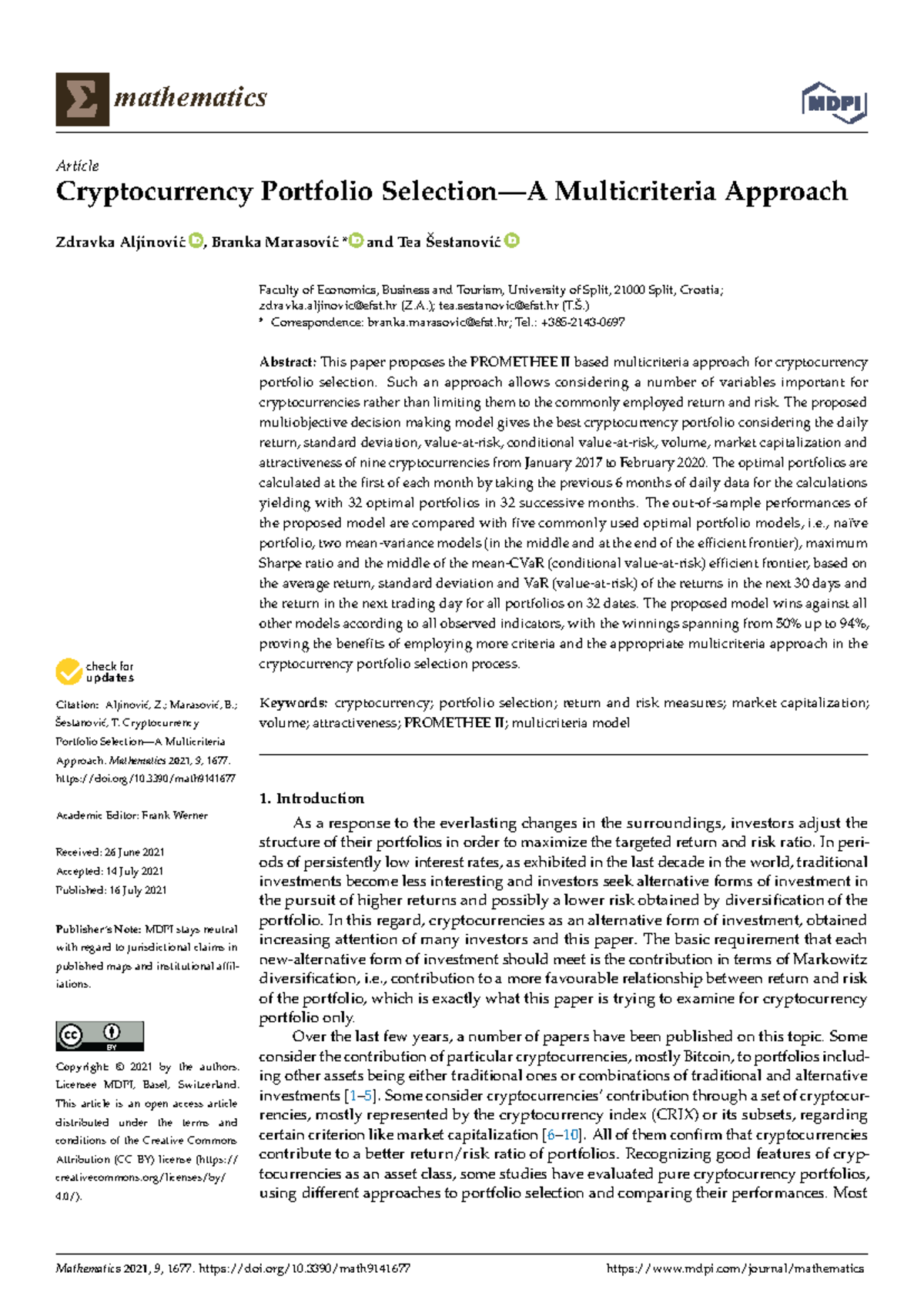 Cryptocurrency Portfolio Selection: A Multicriteria Approach in Math 09  01677 - Studocu