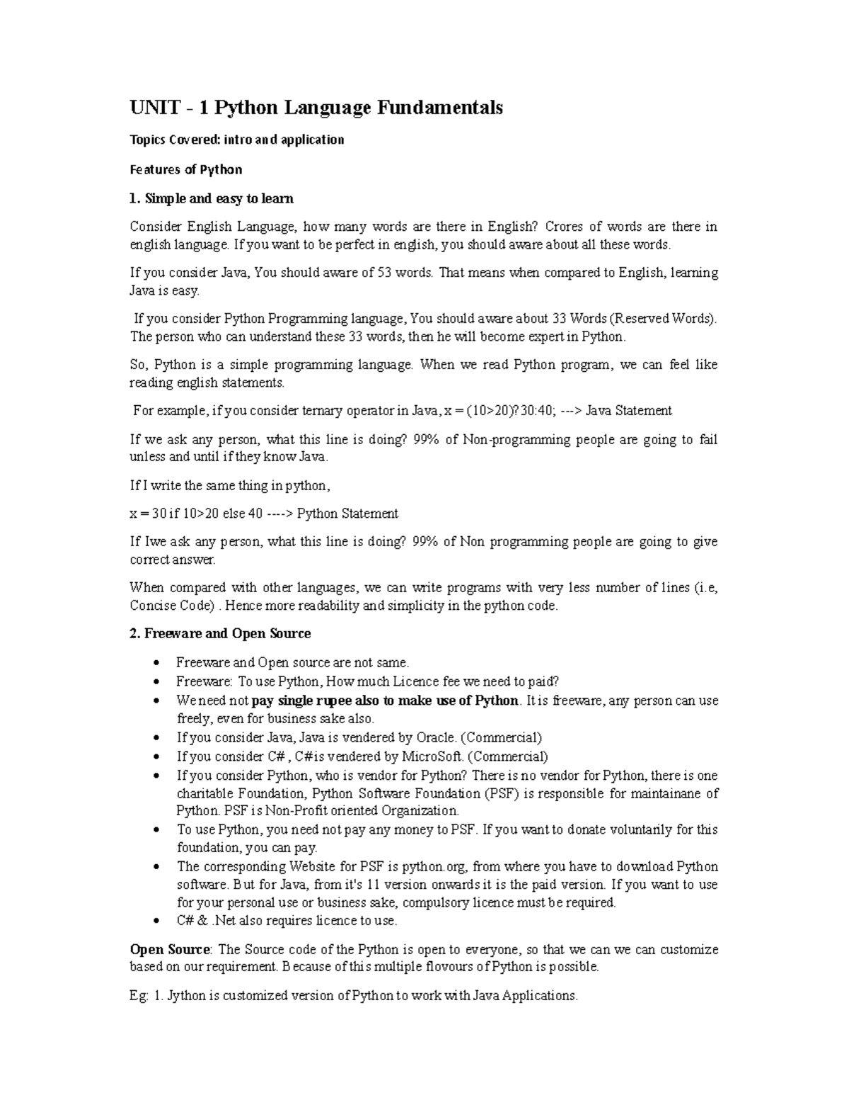 Features of python - UNIT - 1 Python Language Fundamentals Topics ...