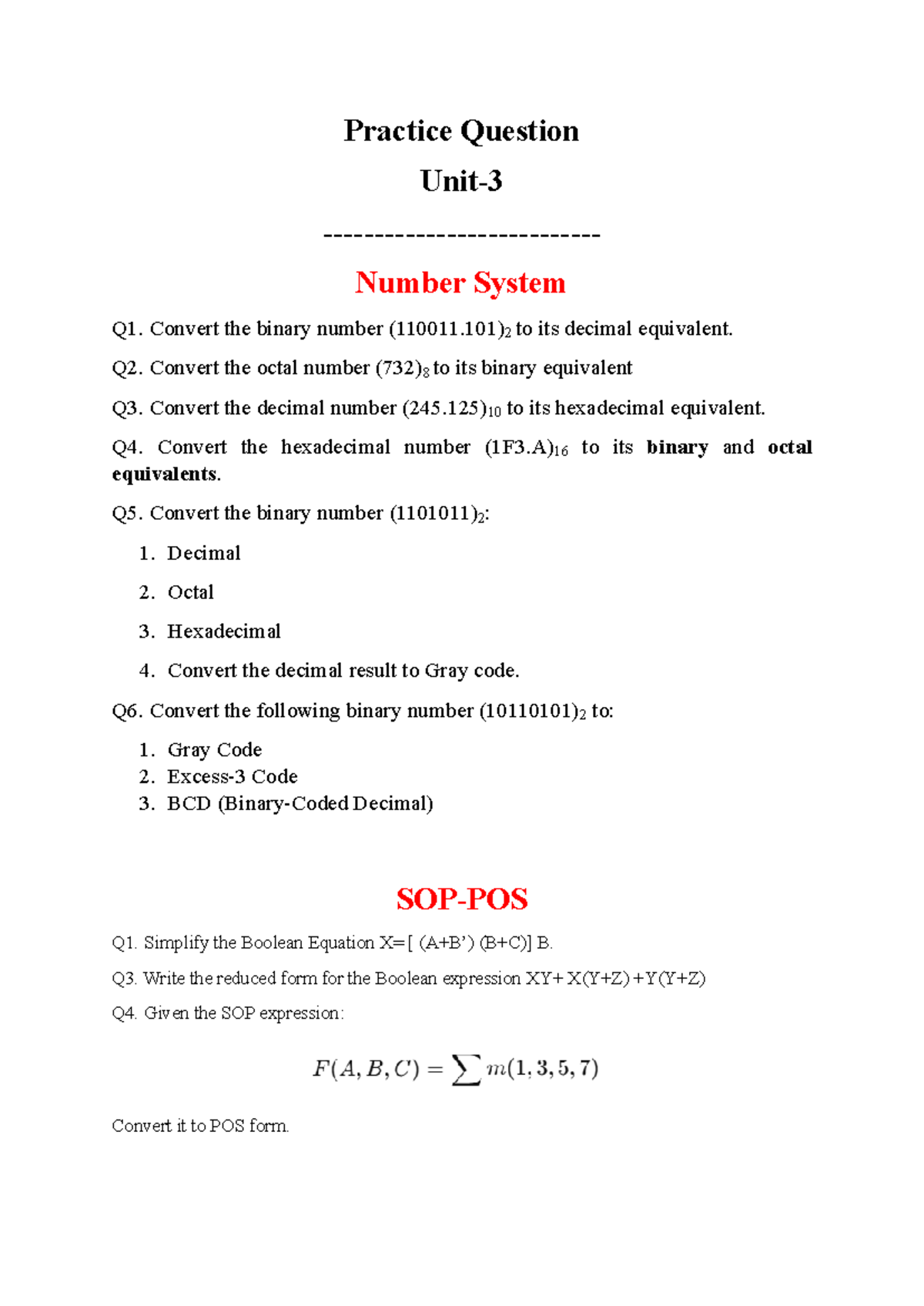 Practice Questions Unit 3: Number System Conversions & Boolean Algebra ...