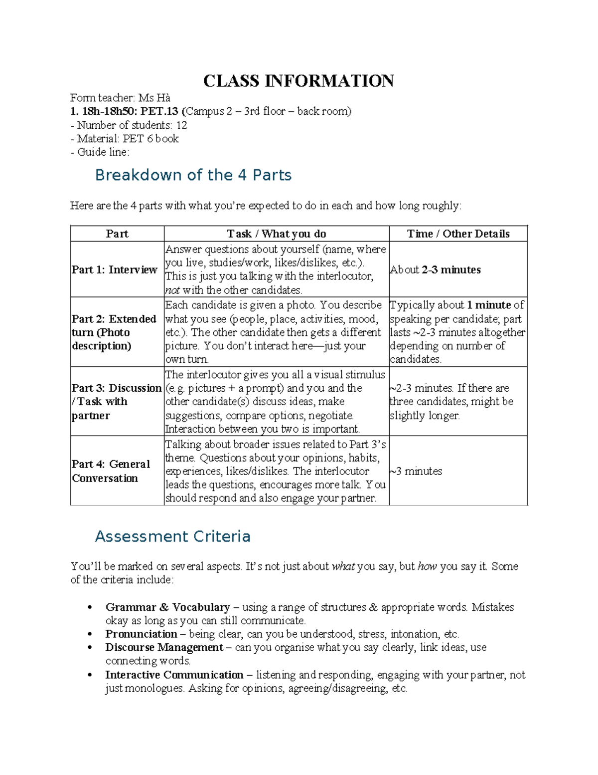PET & KET Class Info: Tasks & Assessment Criteria Guide - Studocu