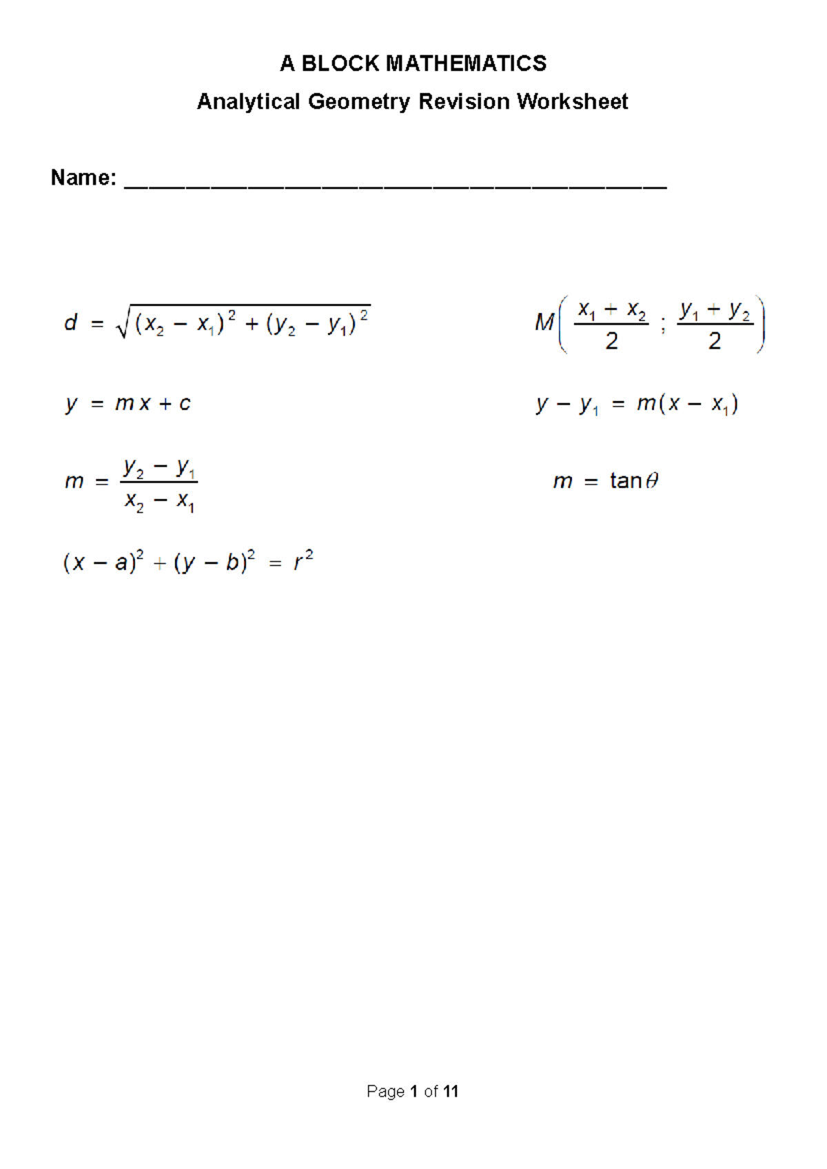 A Block Maths Analytical Geometry Revision Worksheet (1) - Studocu