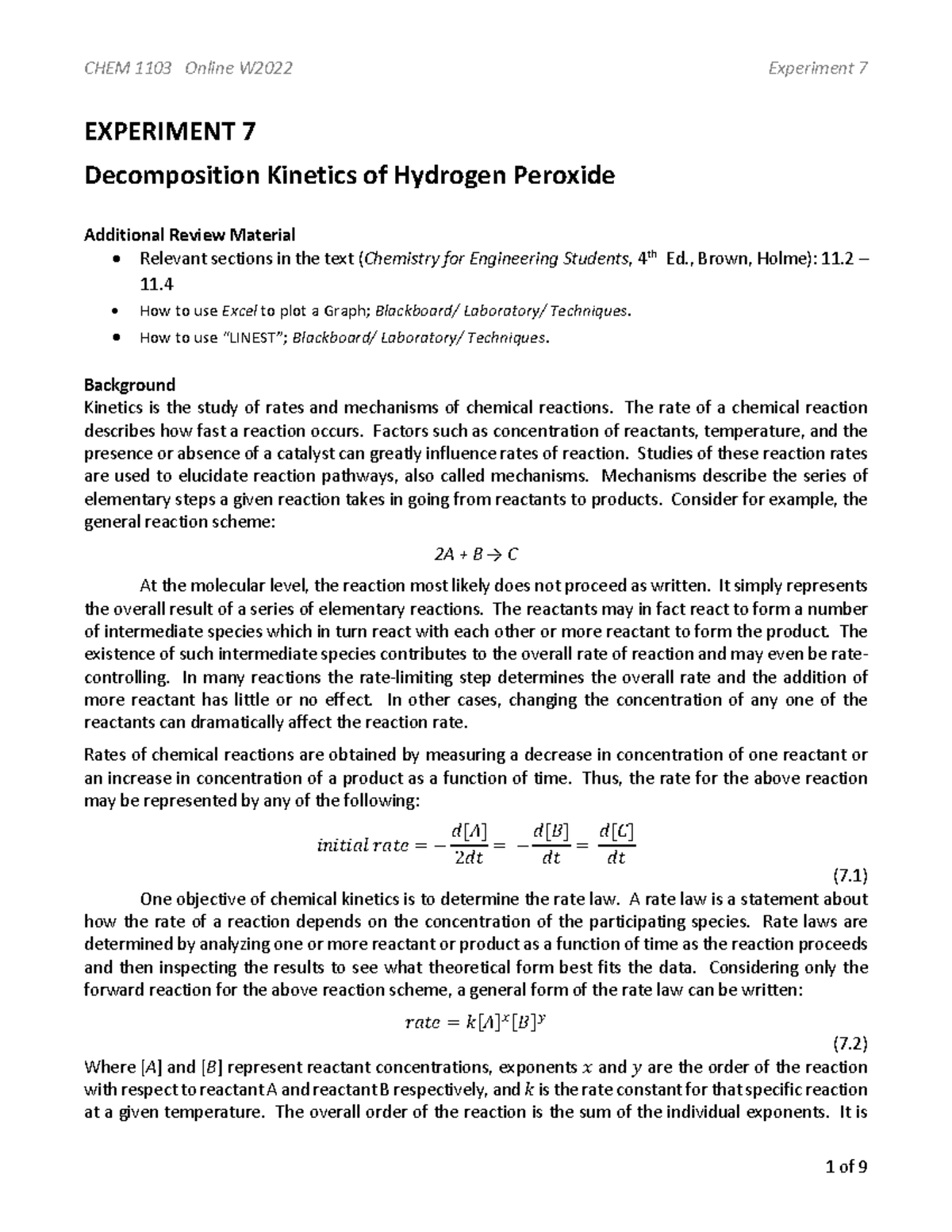 CHEM 1103 Online W2022 Experiment 7: Decomposition Kinetics of H2O2 ...