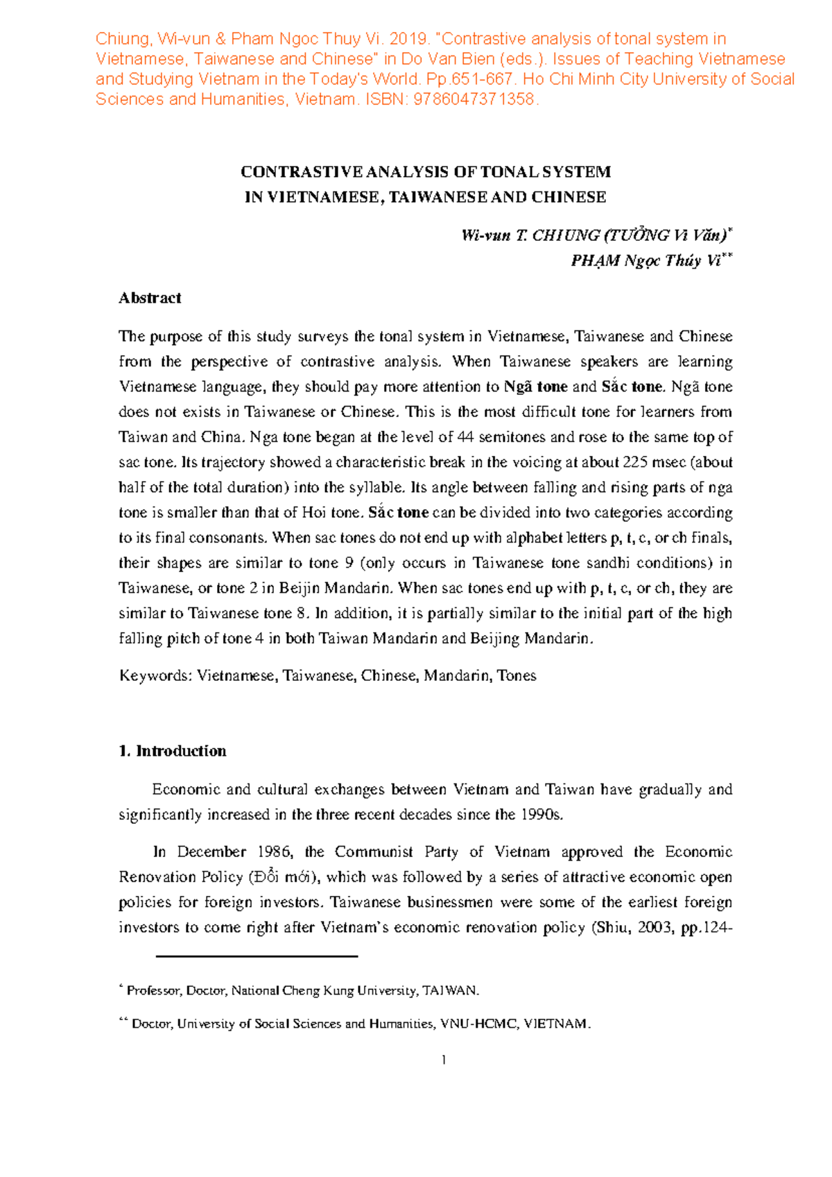 Contrastive Analysis of Tonal Systems in Vietnamese, Taiwanese, and ...